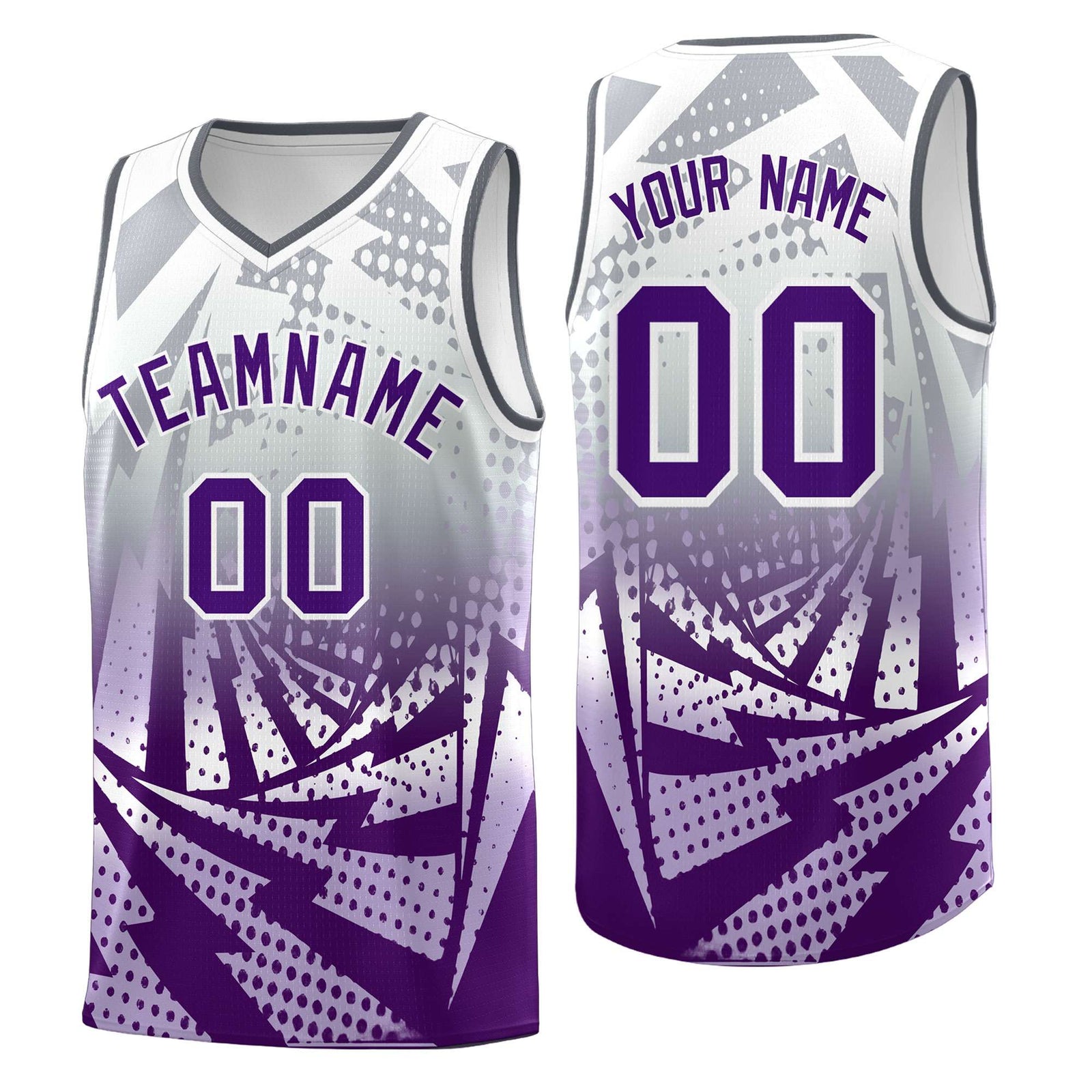 Custom Youth Basketball Jerseys Silver Gray Purple Lightning Design Halftone Personalized Uniforms