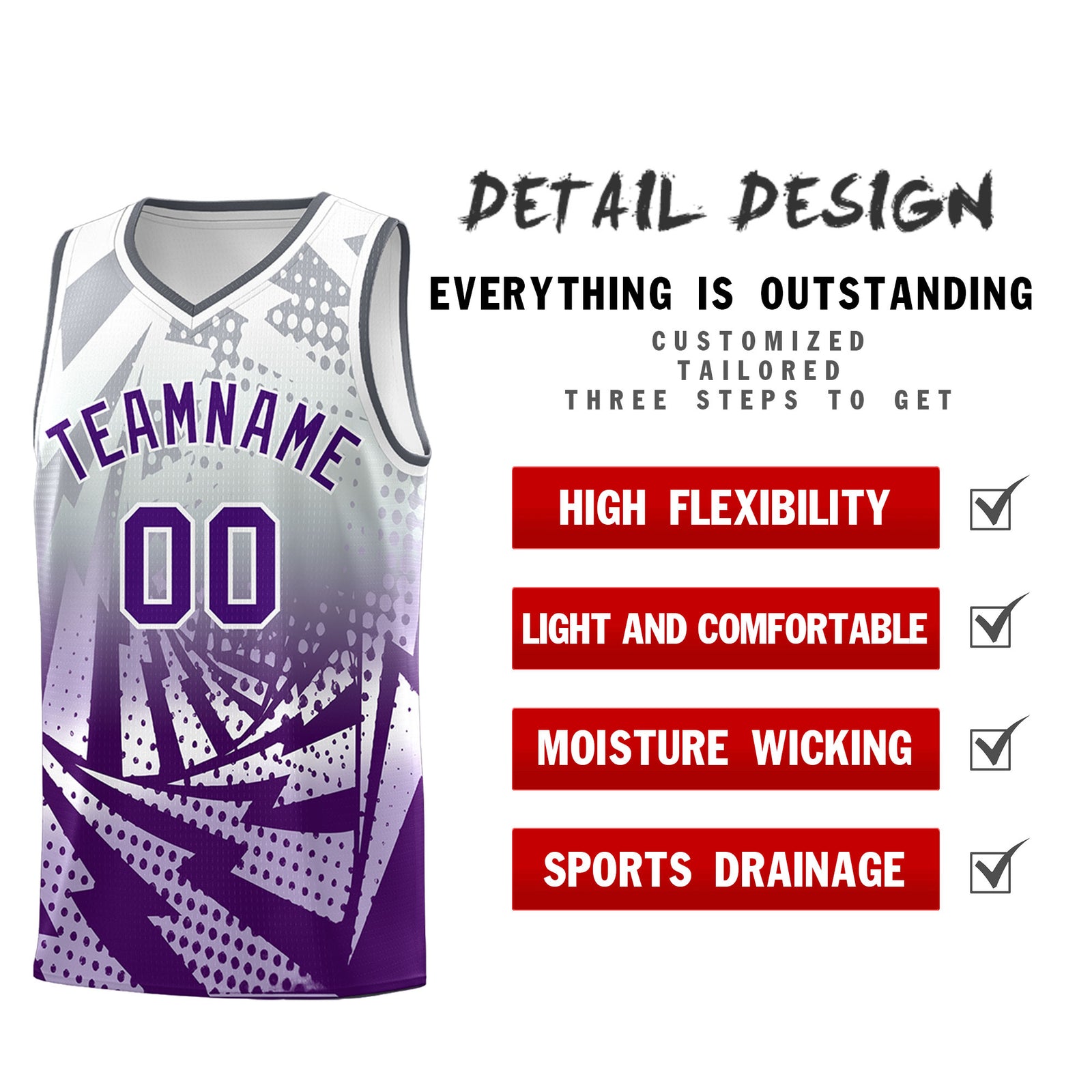 Custom Youth Basketball Jerseys Silver Gray Purple Lightning Design Halftone Personalized Uniforms