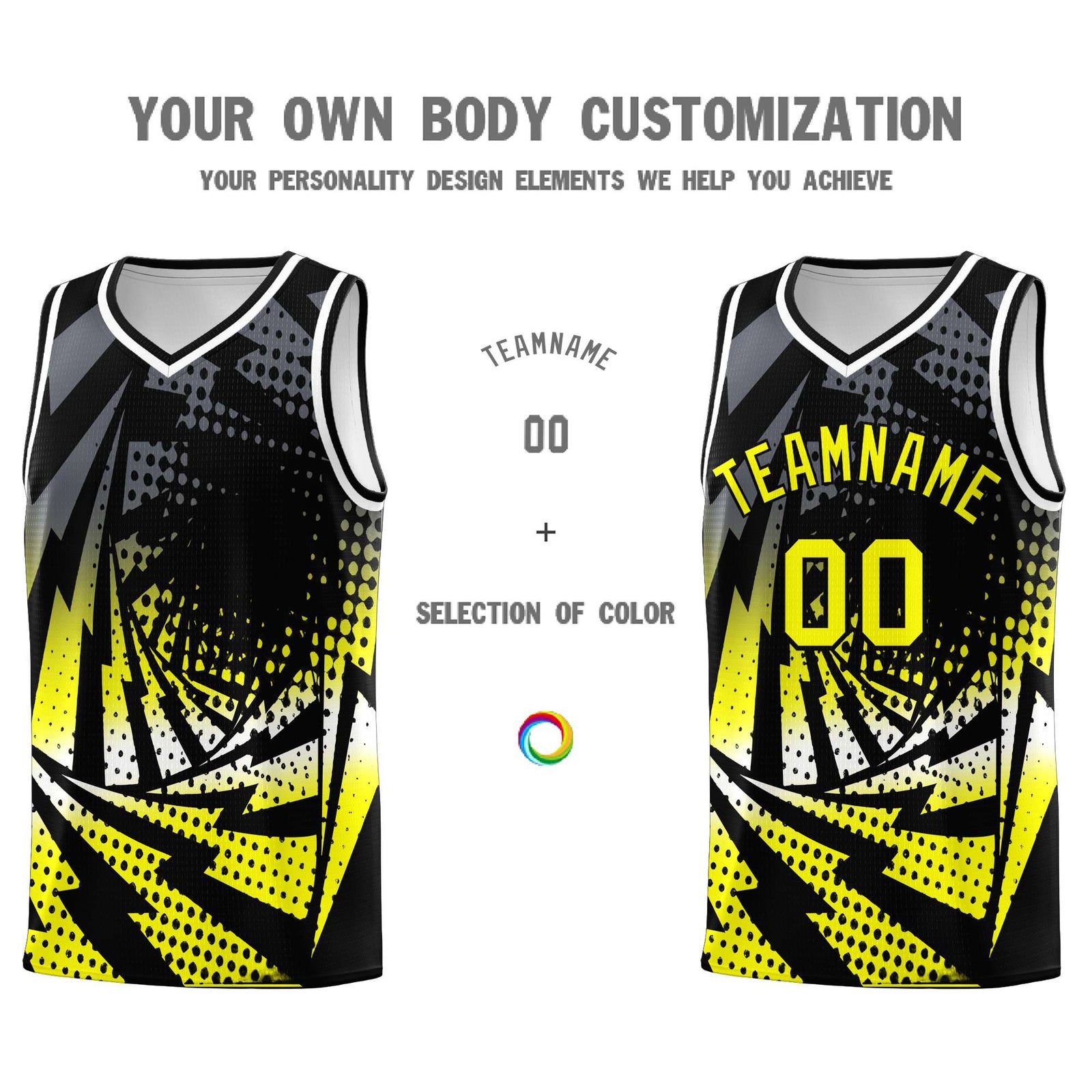 Custom Youth Basketball Jerseys Black Fluorescent Yellow Lightning Design Halftone Personalized Uniforms