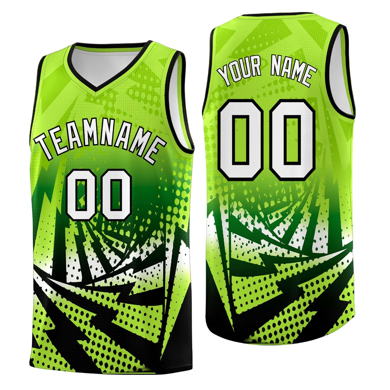 Custom Youth Basketball Jerseys Neon Green Black Lightning Halftone Personalized Team Uniforms