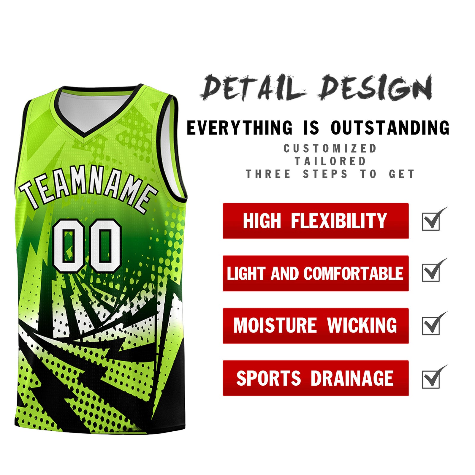 Custom Youth Basketball Jerseys Neon Green Black Lightning Halftone Personalized Team Uniforms
