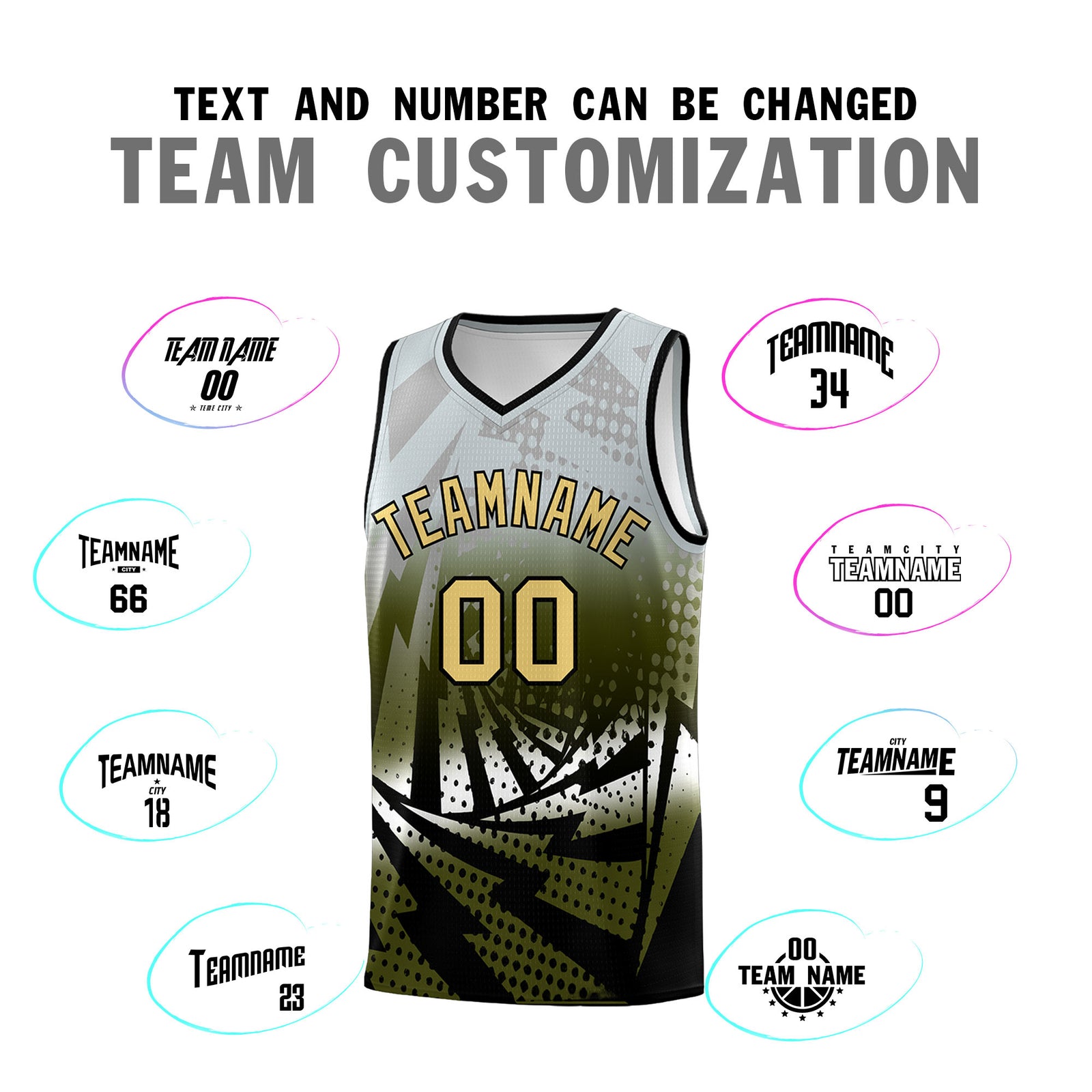 Custom Youth Basketball Jerseys Silver Gray Olive Lightning Design Halftone Personalized Uniforms