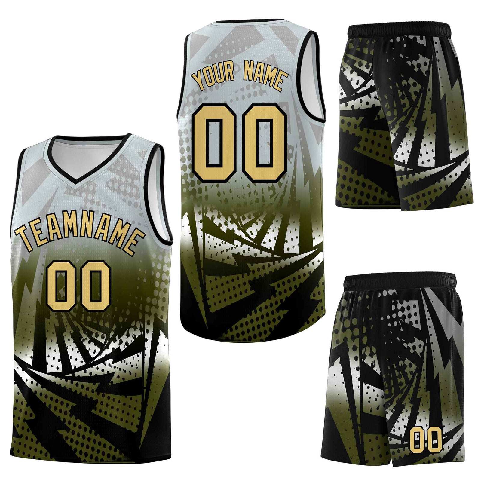 Custom Silver Gray Olive Lightning Halftone Dot Design Wrinkle-Resistant Uniform Basketball Jersey