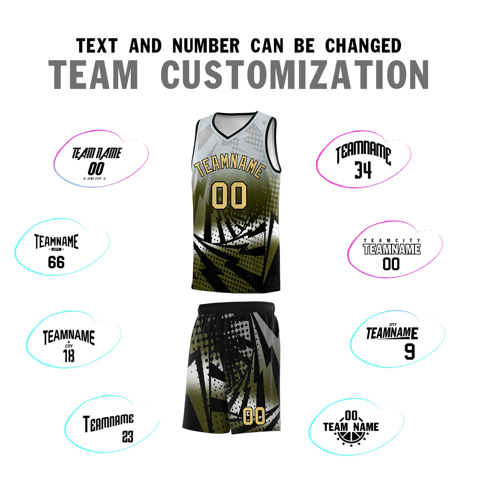 Custom Youth Basketball Jerseys Silver Gray Olive Lightning Design Halftone Personalized Uniforms