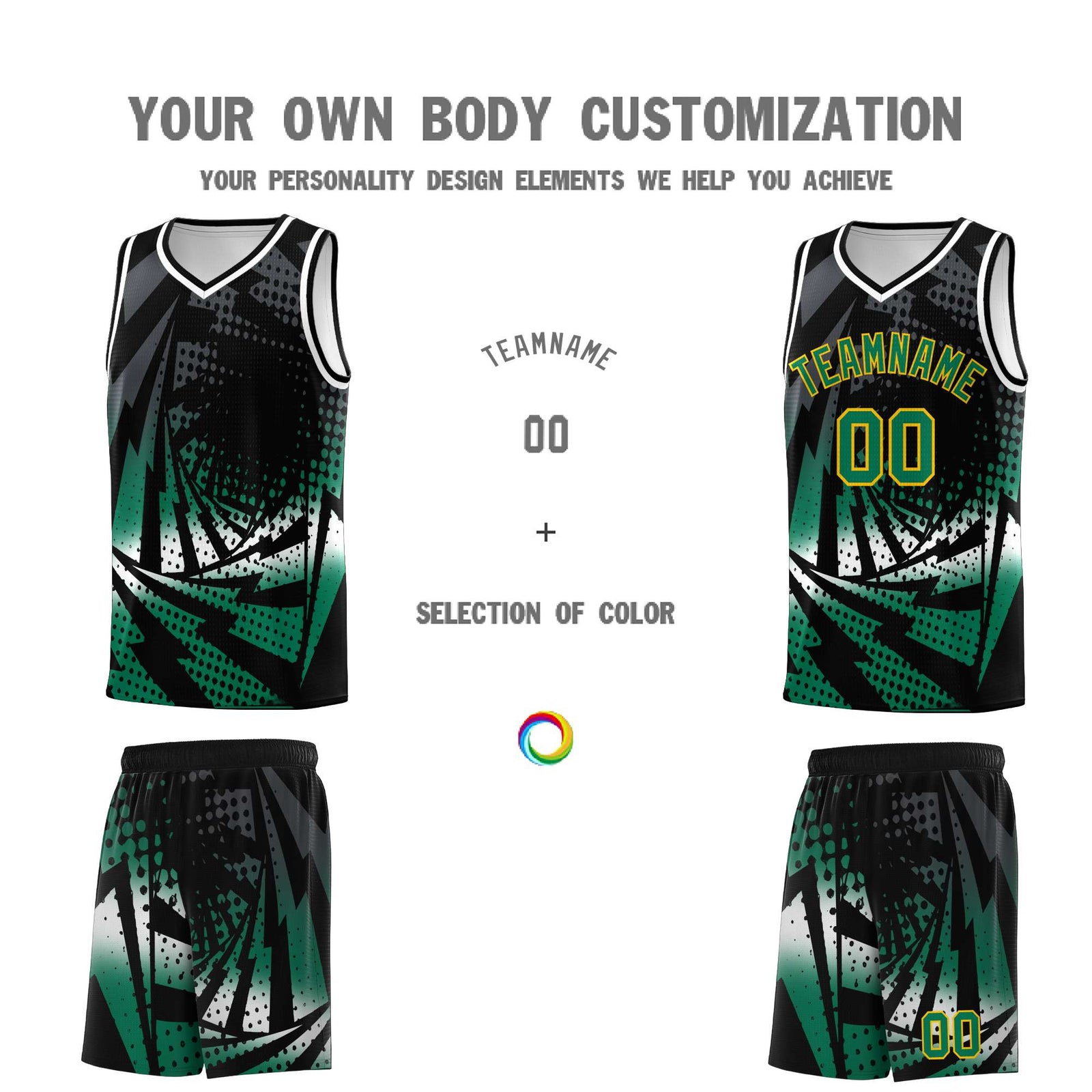Custom Youth Basketball Jerseys Black Kelly Green Lightning Design Halftone Personalized Uniforms