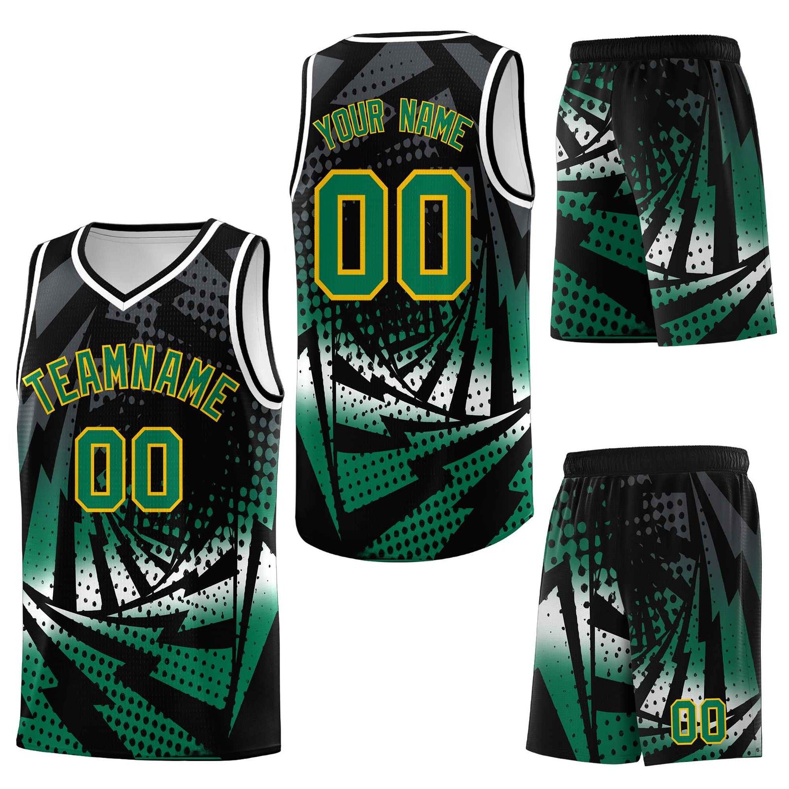 Custom Black Kelly Green Lightning Halftone Dot Design Breathable Uniform Basketball Jersey