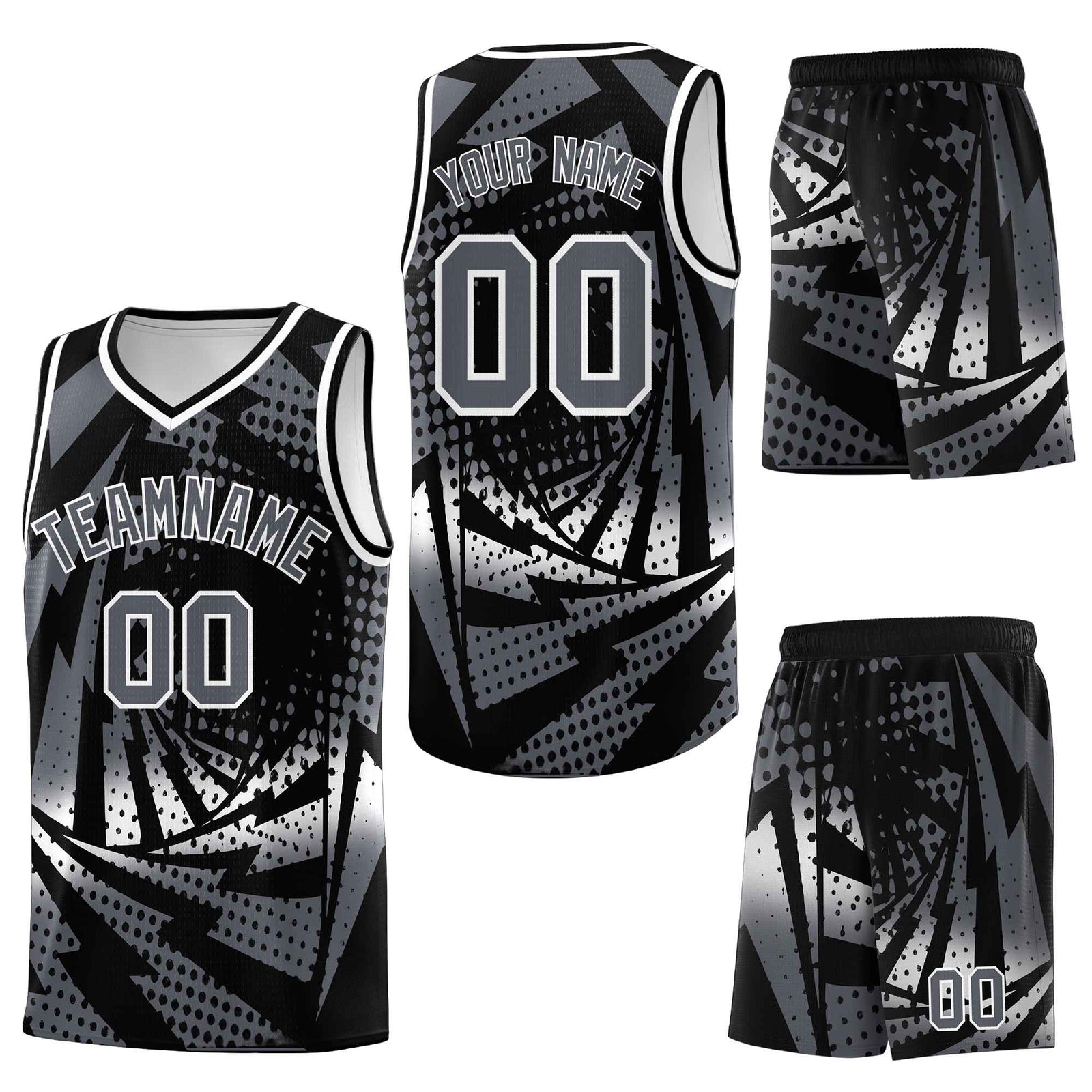 Custom Black Dark Gray Lightning Halftone Dot Design Lightweight Uniform Basketball Jersey