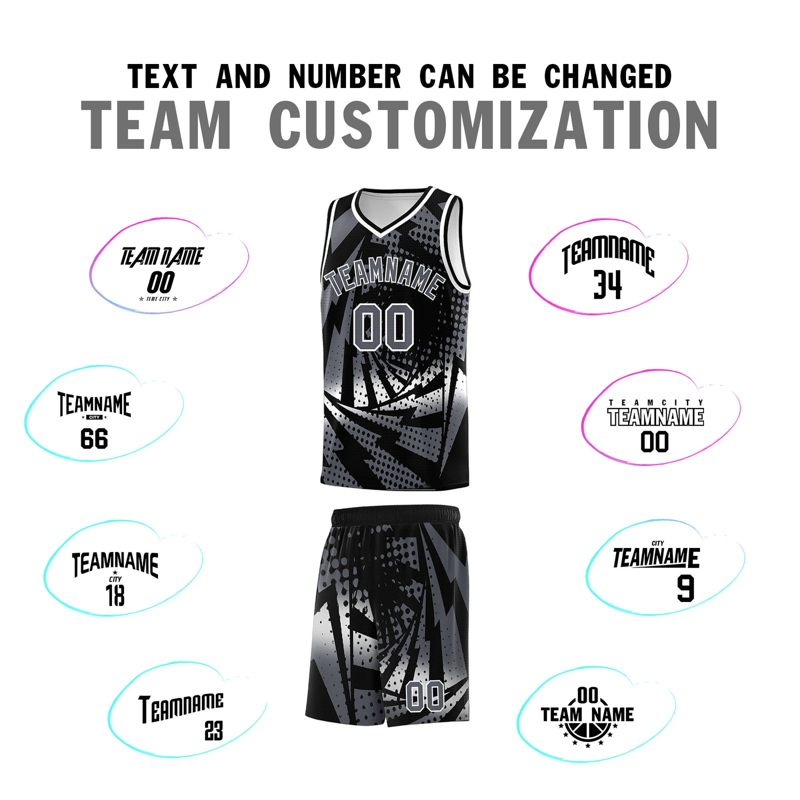 Custom Youth Basketball Jerseys Black Dark Gray Lightning Design Halftone Personalized Uniforms