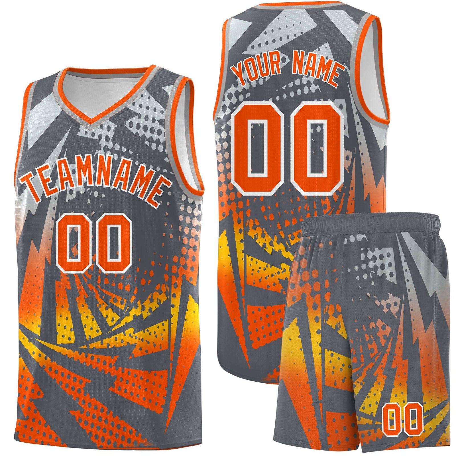 Custom Youth Basketball Jerseys Dark Gray Orange Lightning Design Halftone Personalized Uniforms
