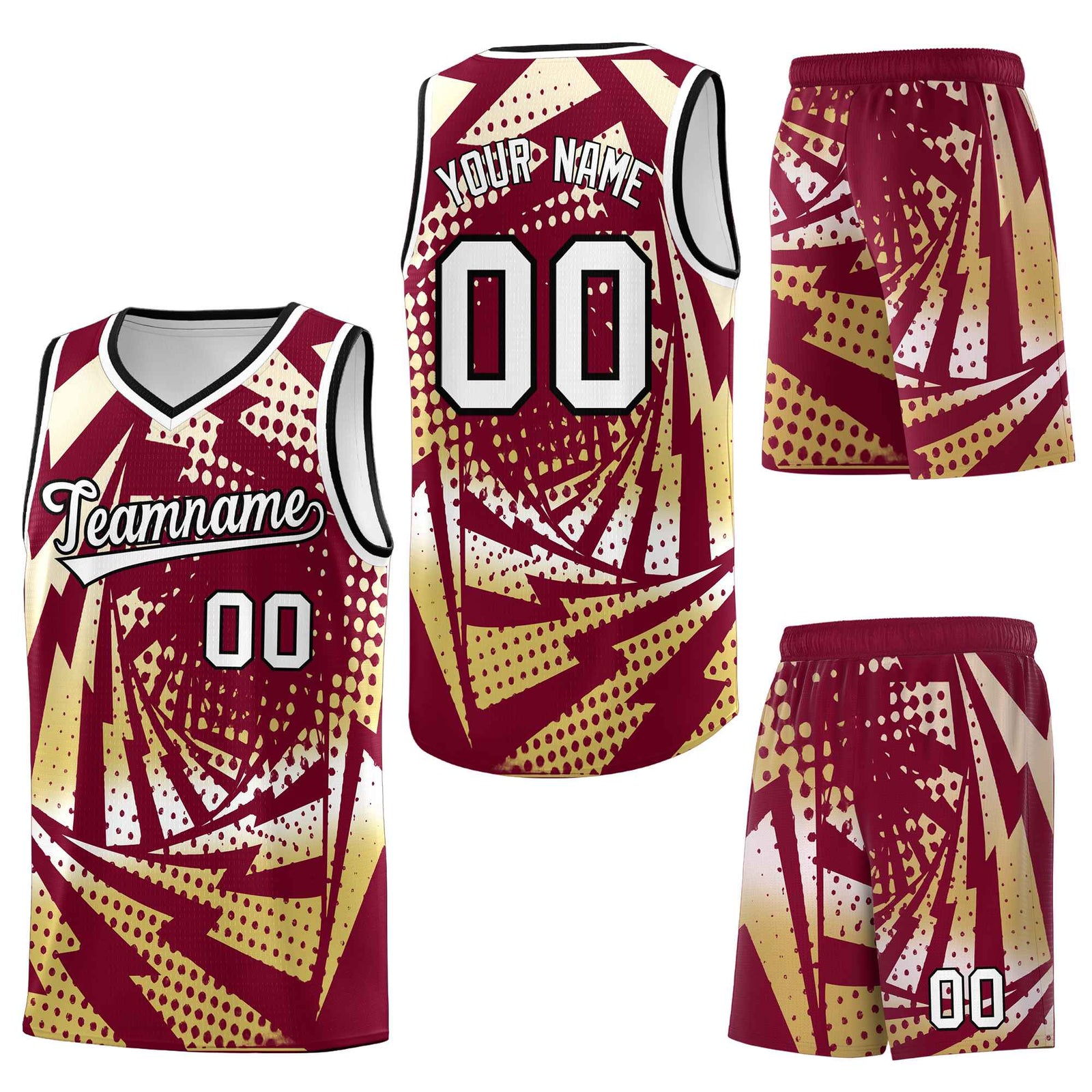 Custom Crimson Old Gold Lightning Halftone Dot Design Wrinkle-Resistant Uniform Basketball Jersey