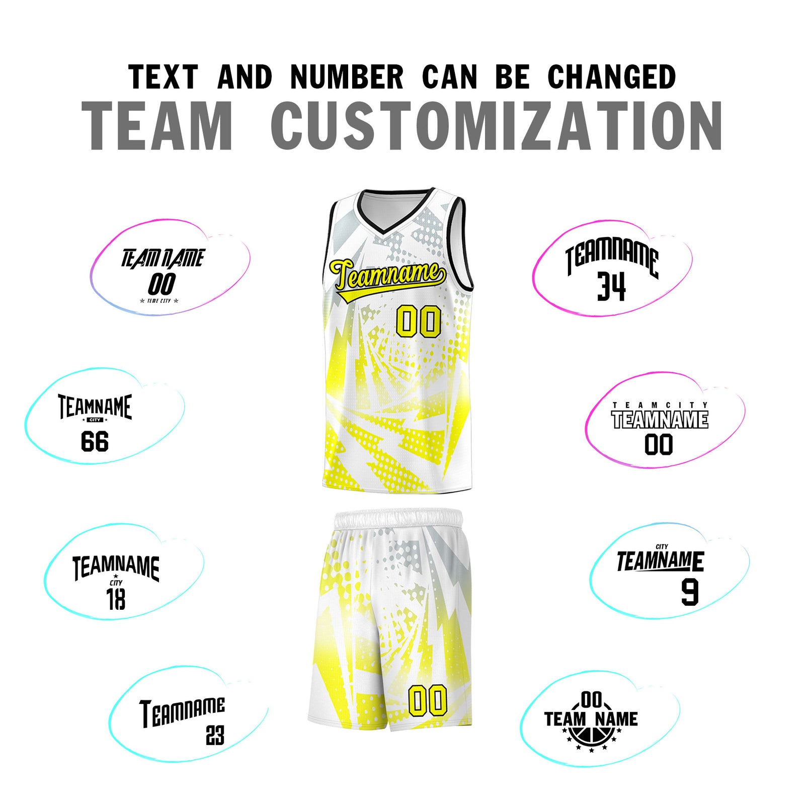 Custom Youth Basketball Jerseys White Fluorescent Yellow Lightning Halftone Personalized Team Uniforms