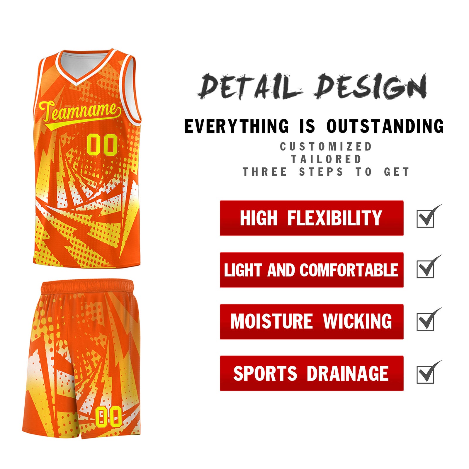 Custom Youth Basketball Jerseys Orange Gold Lightning Halftone Personalized Team Uniforms