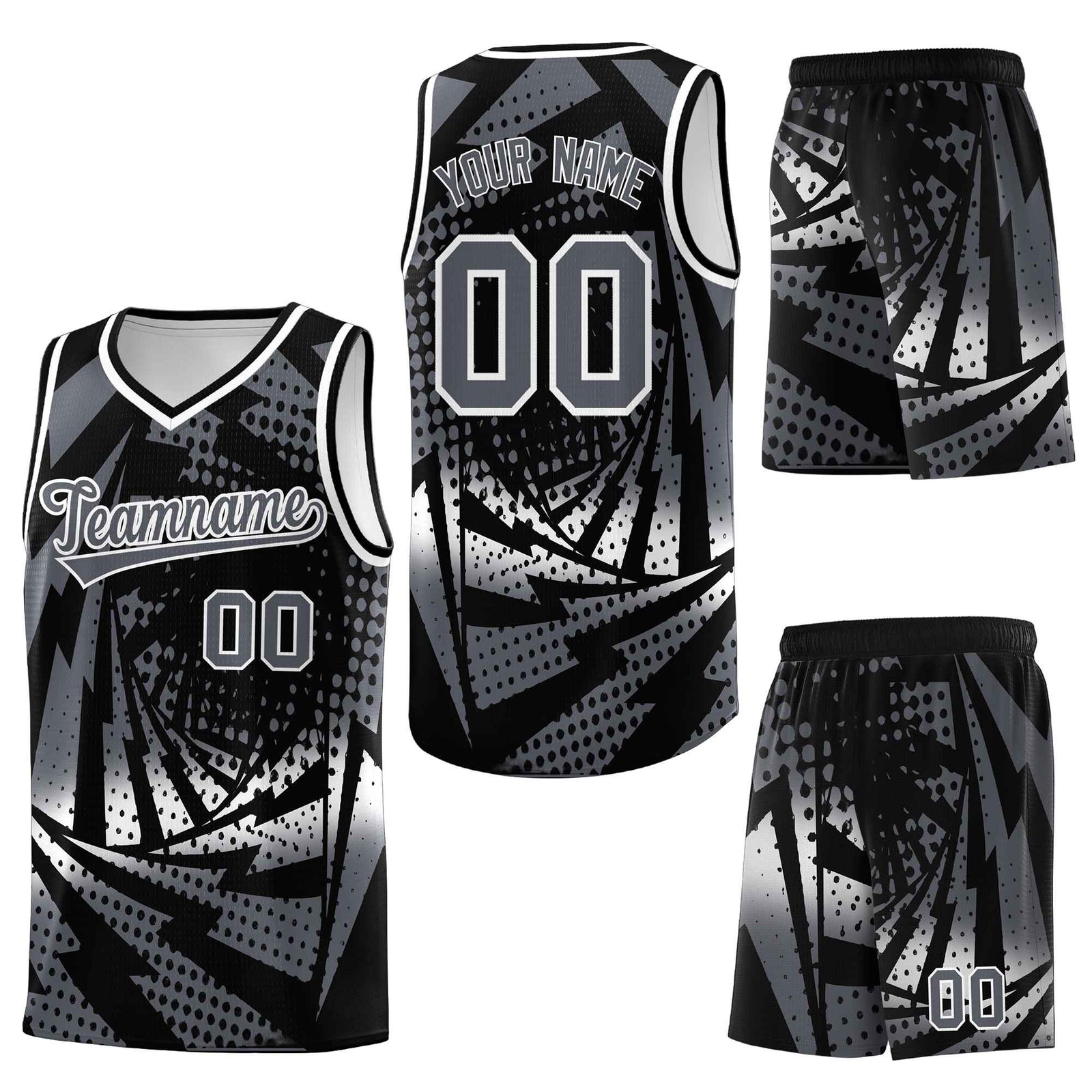 Custom Black Dark Gray Lightning Halftone Dot Design Lightweight Uniform Basketball Jersey