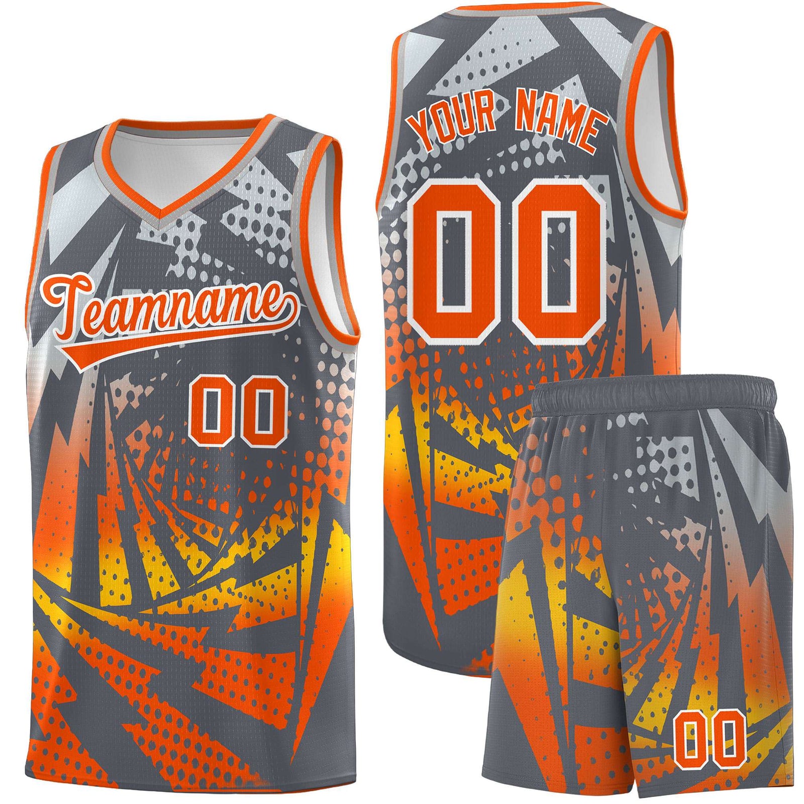 Custom Youth Basketball Jerseys Dark Gray Orange Lightning Design Halftone Personalized Uniforms