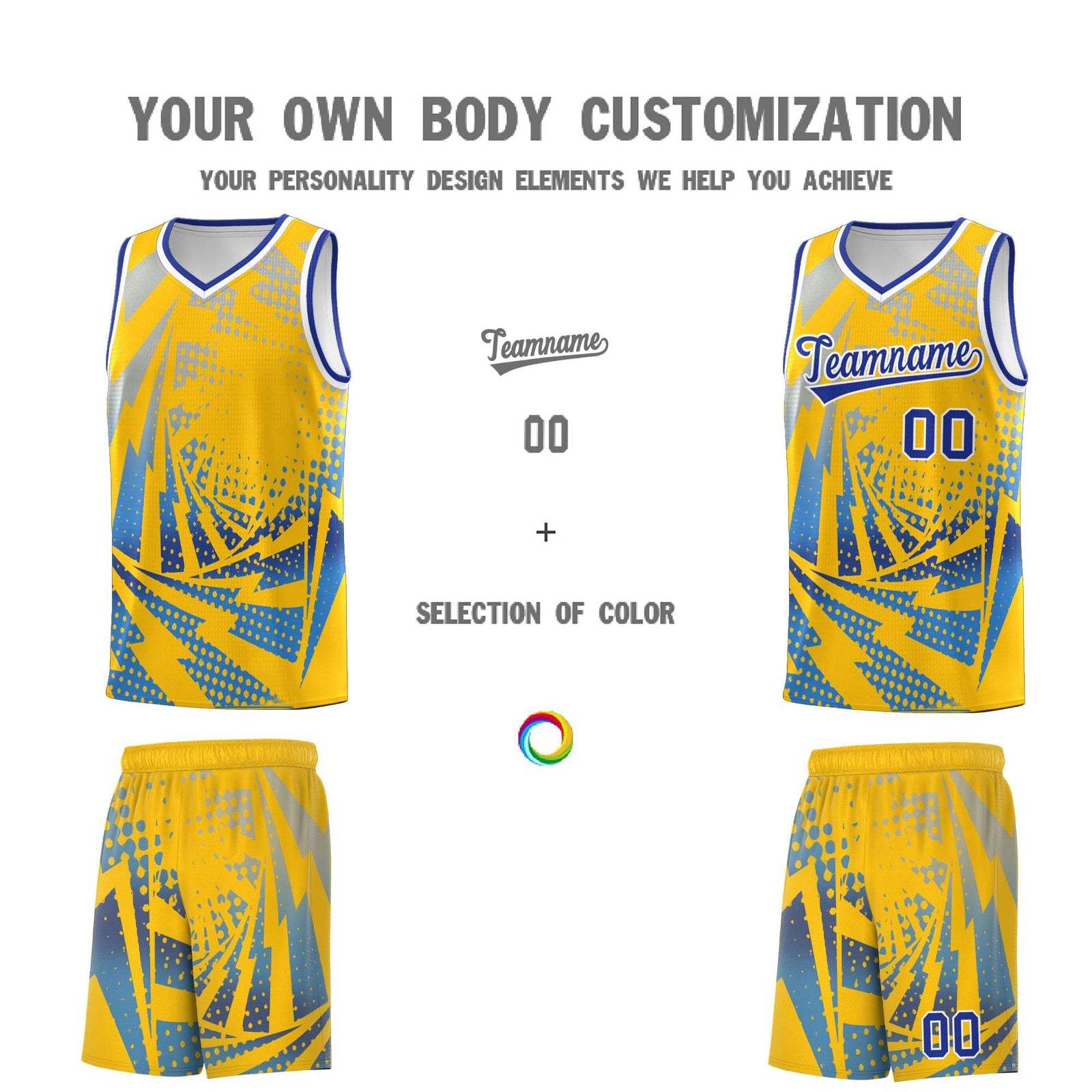 Custom Youth Basketball Jerseys Gold Powder Blue Lightning Halftone Personalized Team Uniforms