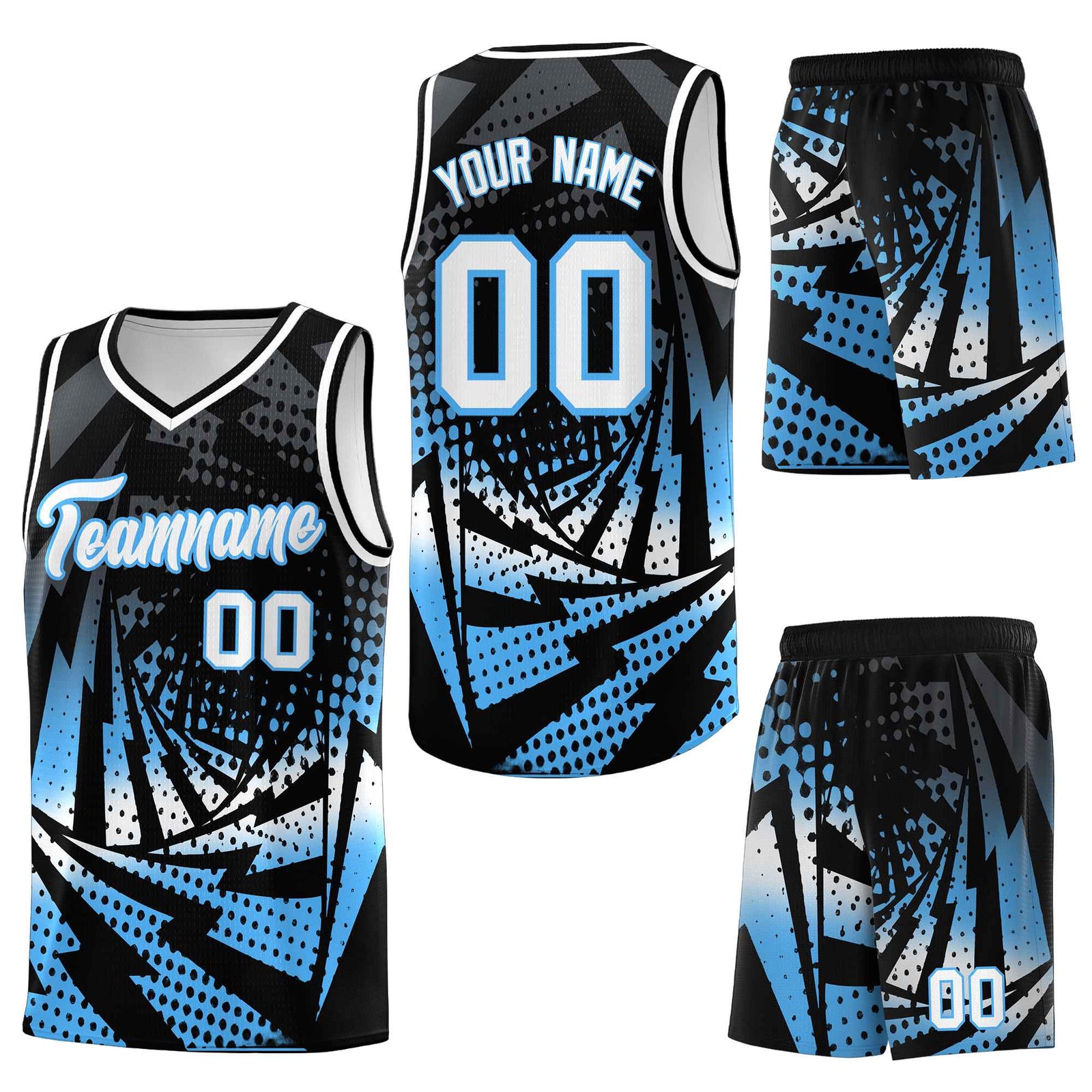 Custom Black Powder Blue Lightning Halftone Dot Design Breathable Uniform Basketball Jersey