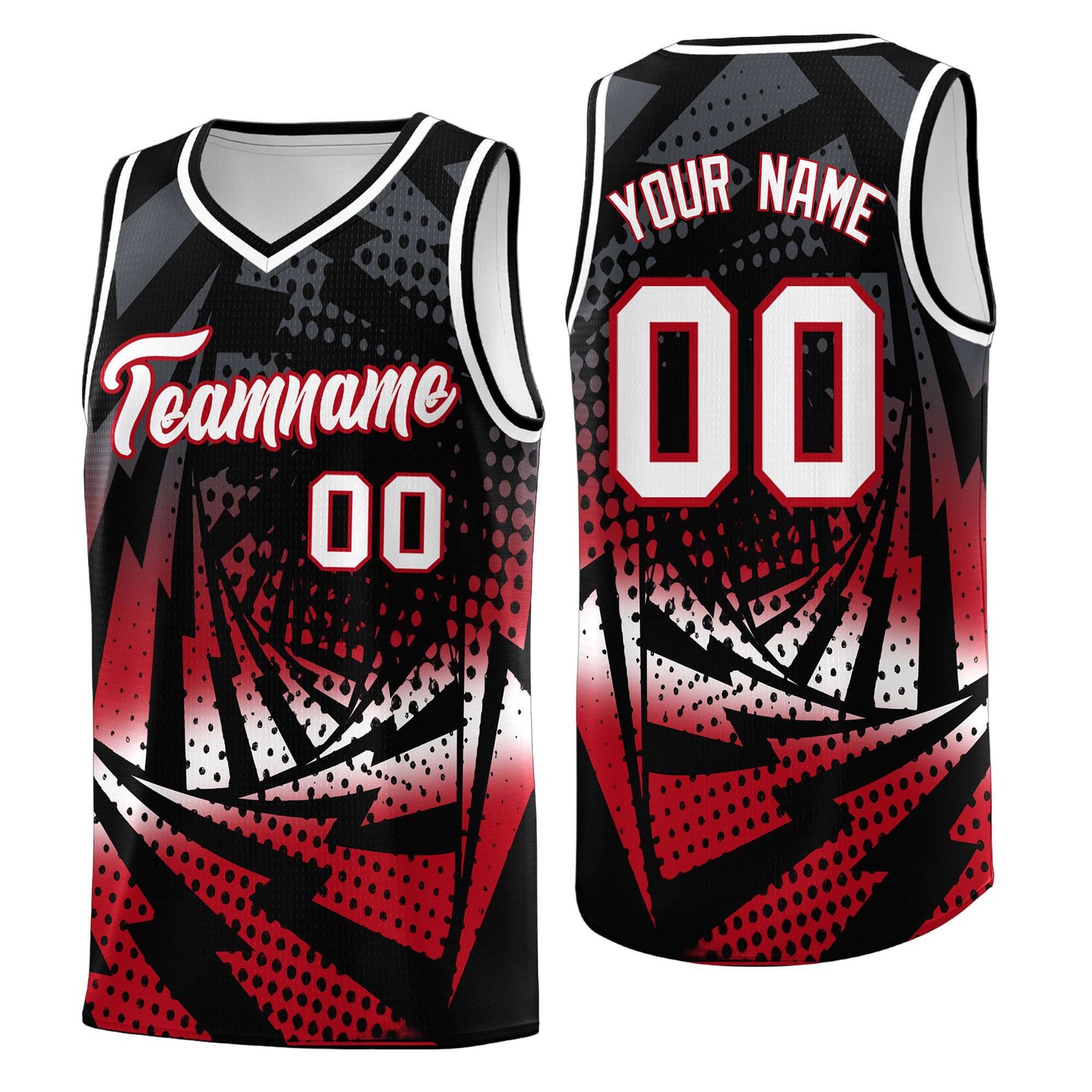 Custom Youth Basketball Jerseys Black Red Lightning Halftone Personalized Team Uniforms