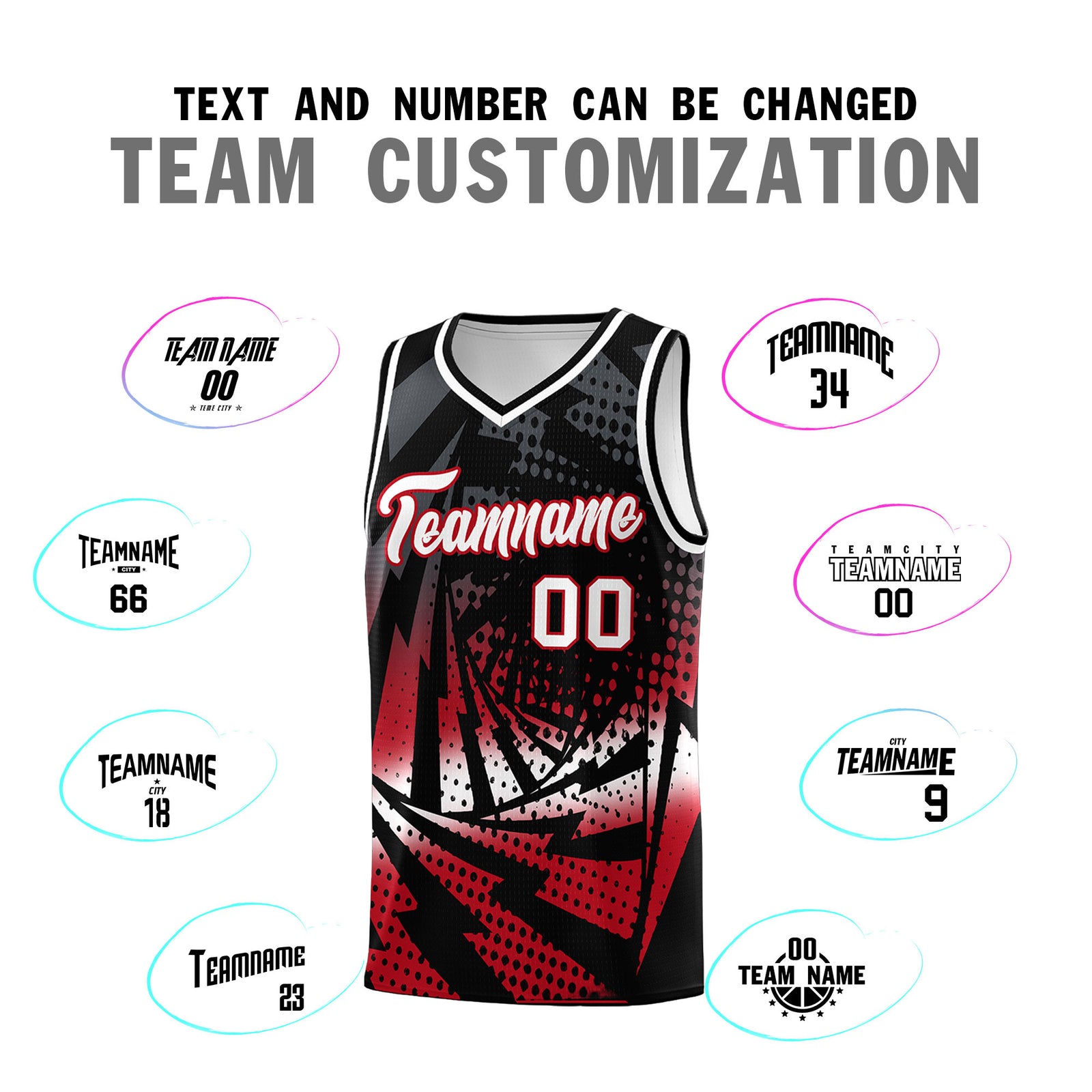 Custom Youth Basketball Jerseys Black Red Lightning Halftone Personalized Team Uniforms