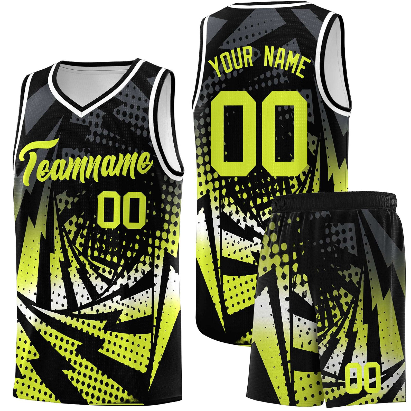 Custom Youth Basketball Jerseys Black Fluorescent Green Lightning Halftone Personalized Team Uniforms