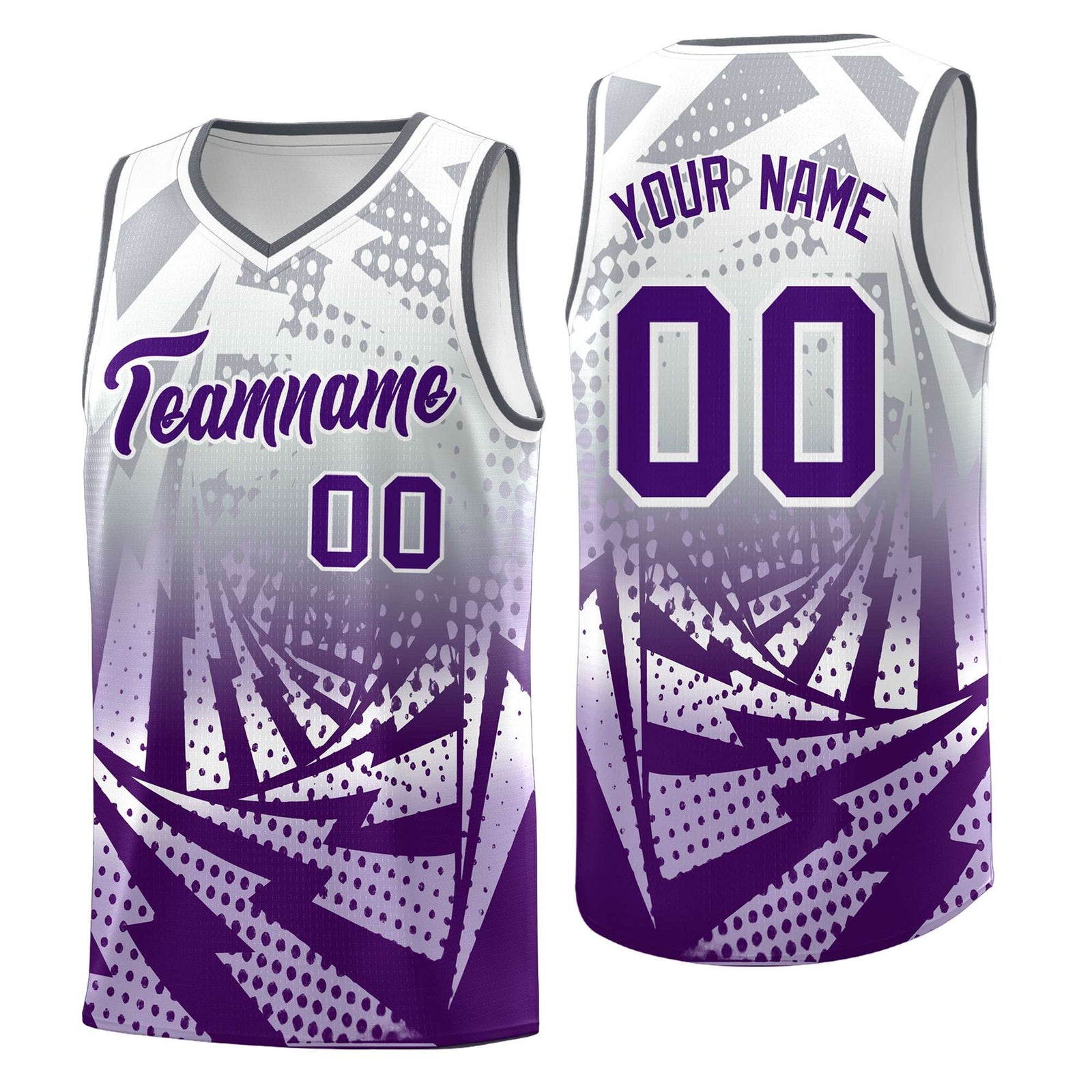 Custom Youth Basketball Jerseys Silver Gray Purple Lightning Design Halftone Personalized Uniforms