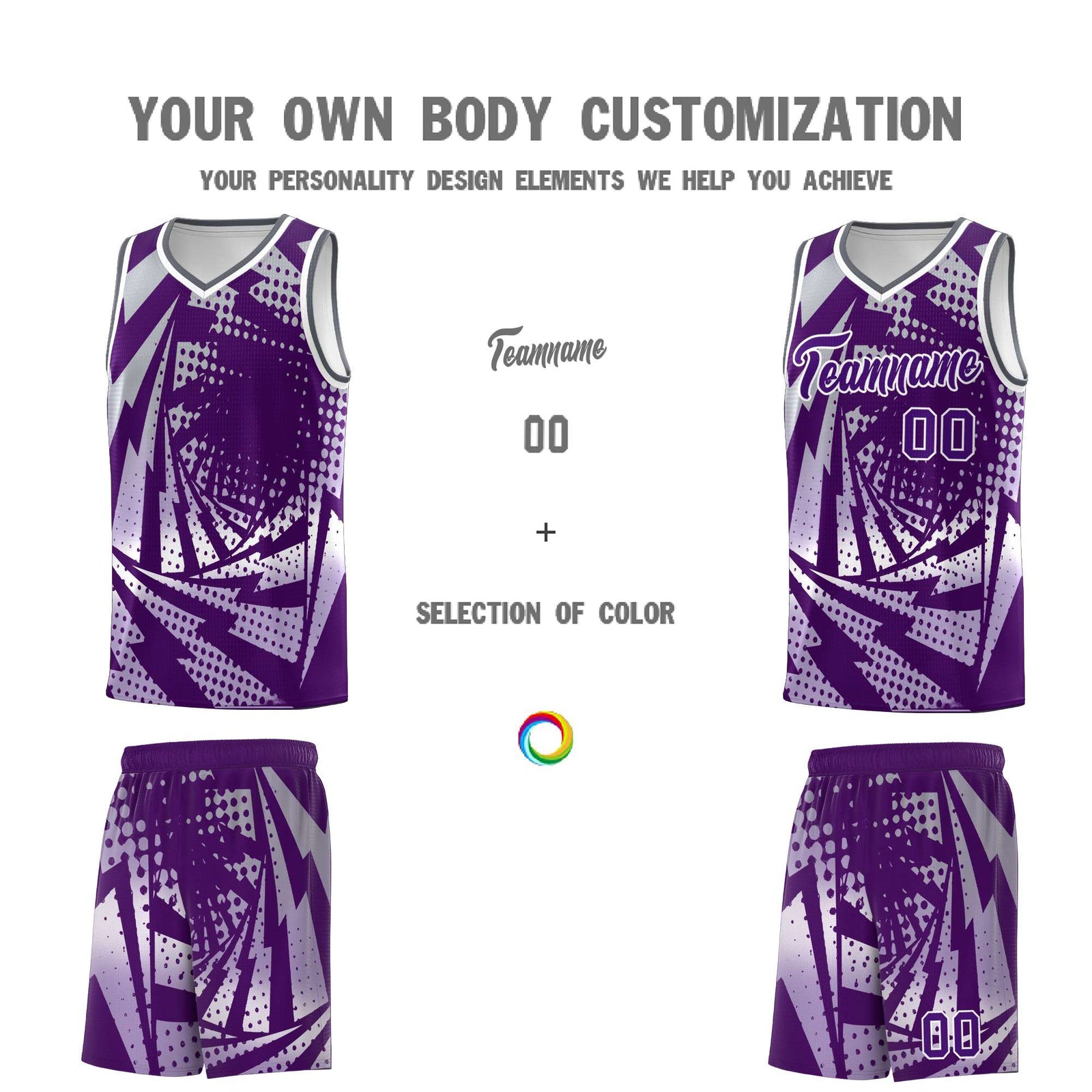 Custom Youth Basketball Jerseys Silver Gray Purple Lightning Design Halftone Personalized Uniforms