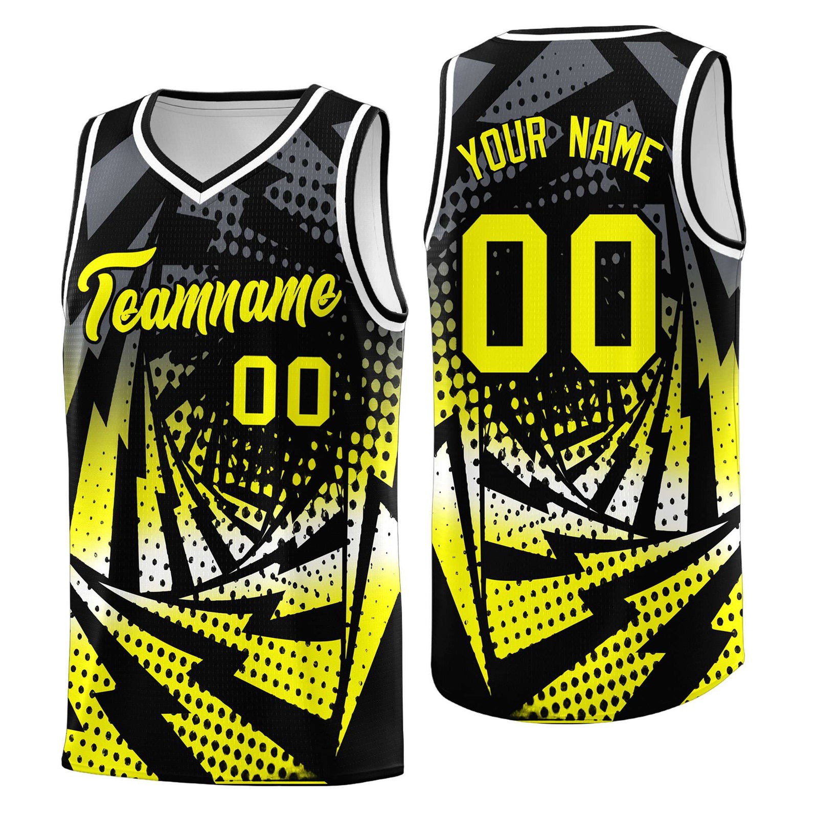 Custom Youth Basketball Jerseys Black Fluorescent Yellow Lightning Design Halftone Personalized Uniforms