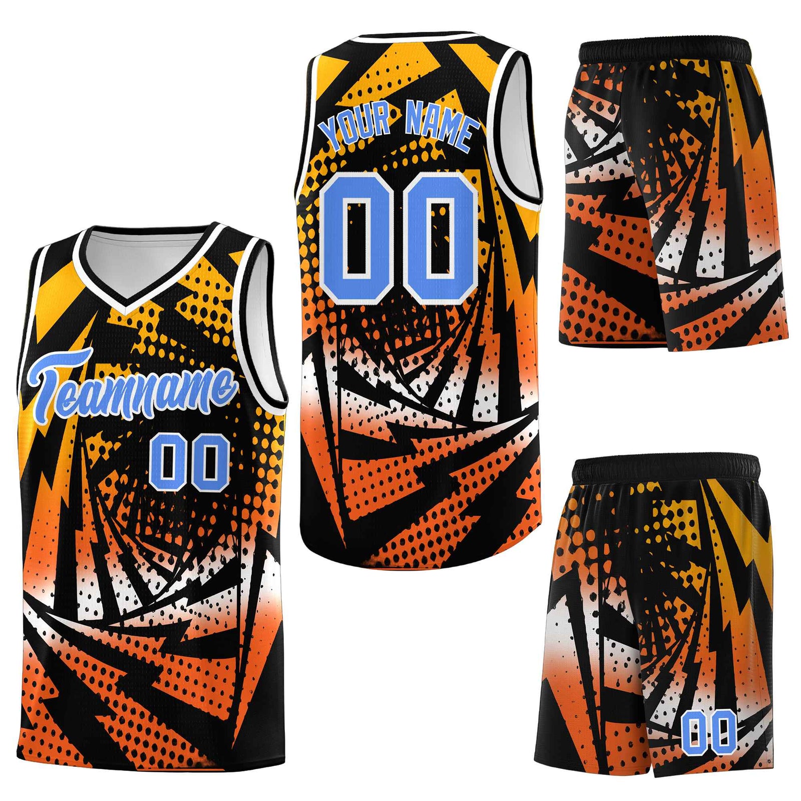 Custom Black Orange Lightning Halftone Dot Design Drapable Uniform Basketball Jersey