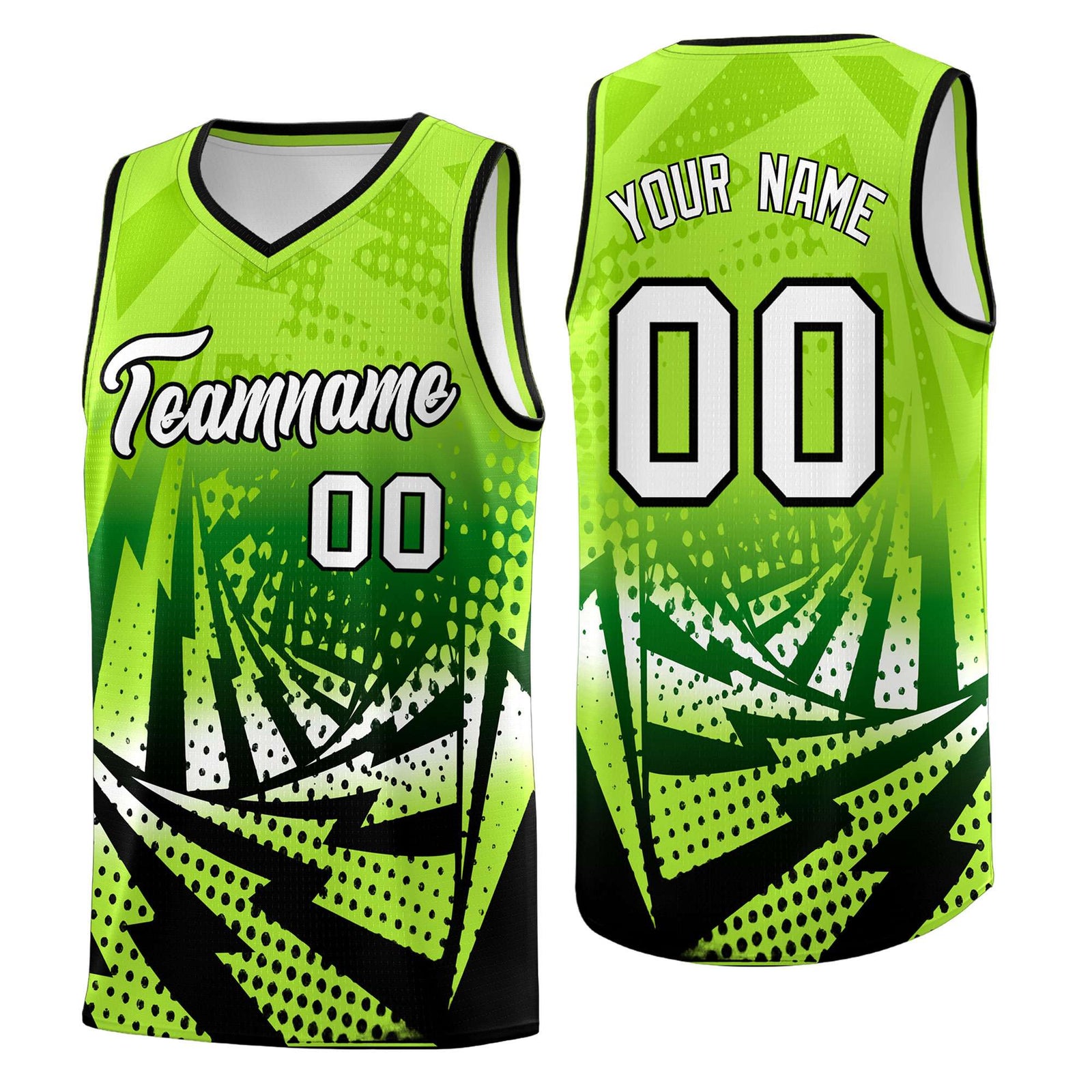 Custom Youth Basketball Jerseys Neon Green Black Lightning Halftone Personalized Team Uniforms