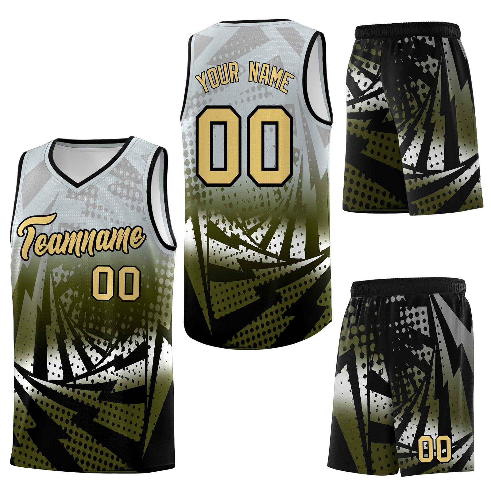 Custom Silver Gray Olive Lightning Halftone Dot Design Wrinkle-Resistant Uniform Basketball Jersey