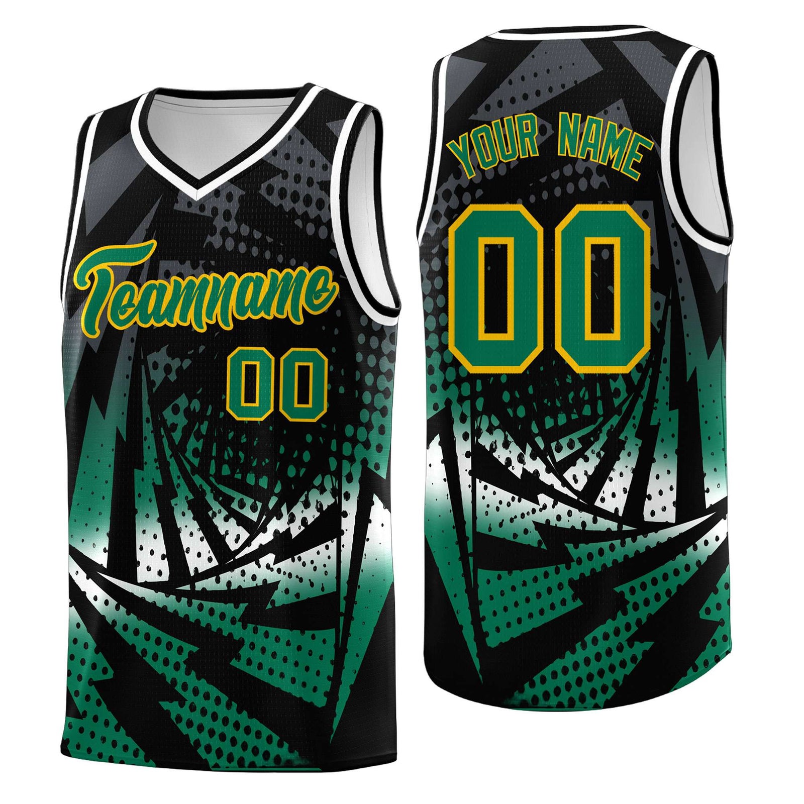 Custom Youth Basketball Jerseys Black Kelly Green Lightning Design Halftone Personalized Uniforms