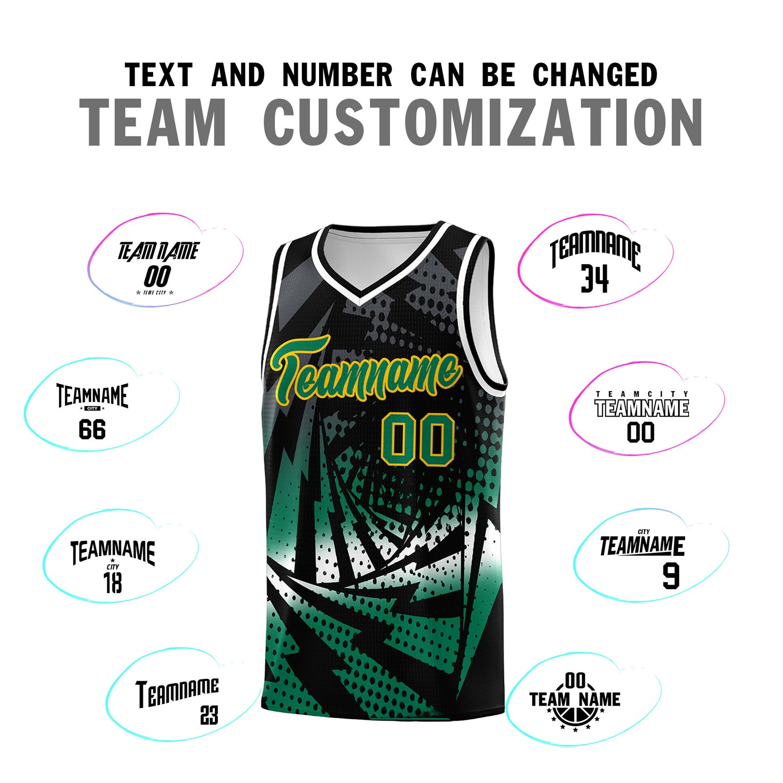 Custom Youth Basketball Jerseys Black Kelly Green Lightning Design Halftone Personalized Uniforms