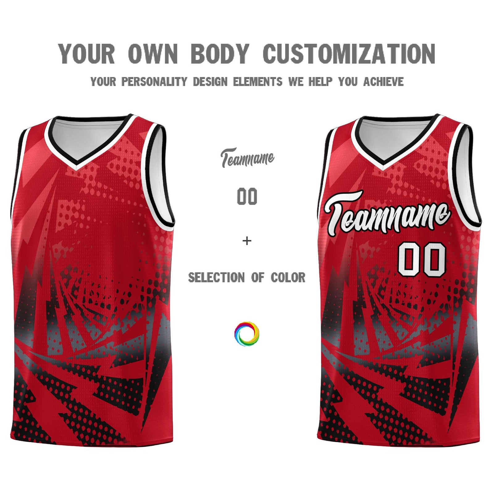 Custom Youth Basketball Jerseys Red Black Lightning Halftone Personalized Team Uniforms