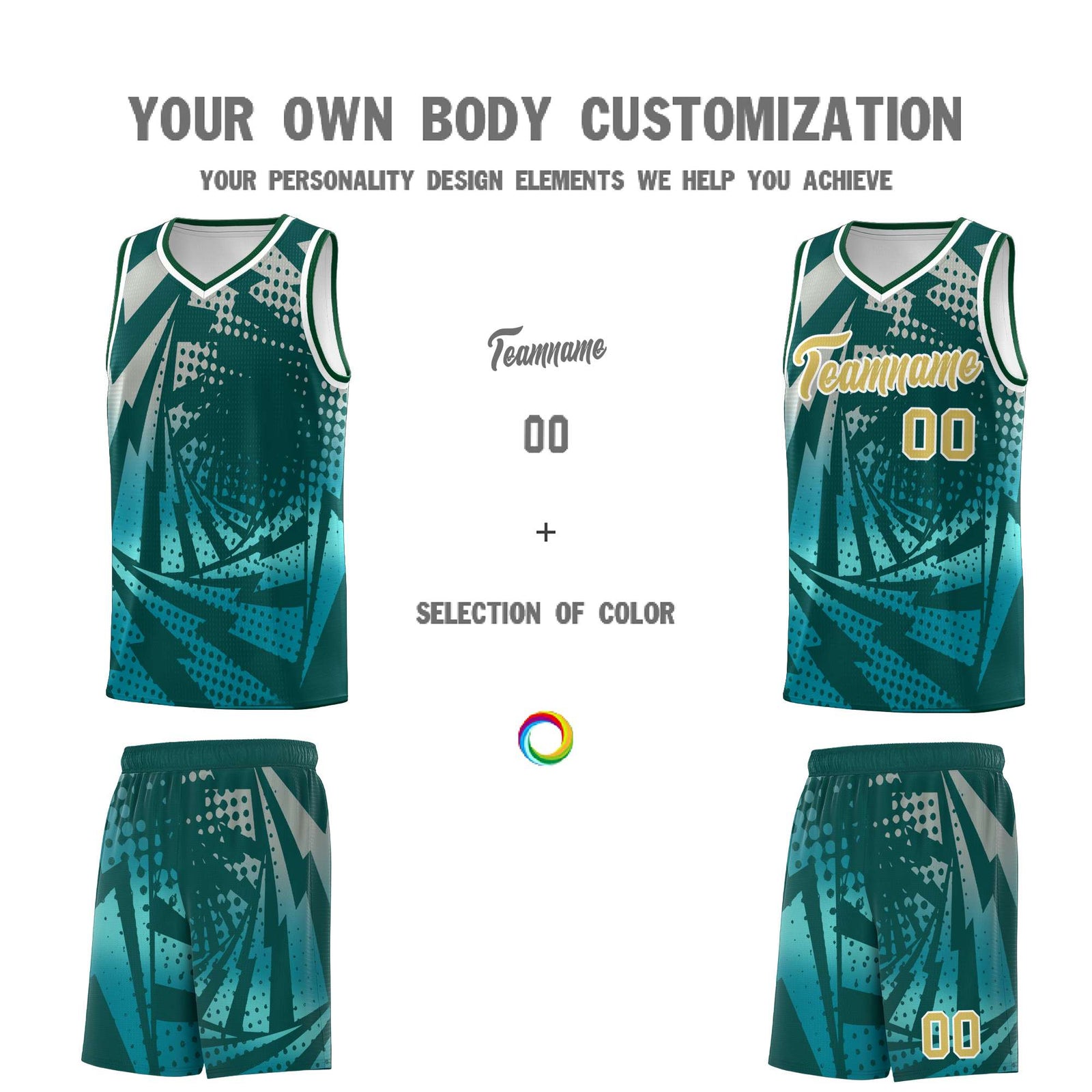 Custom Youth Basketball Jerseys Midnight Green Teal Lightning Halftone Personalized Team Uniforms