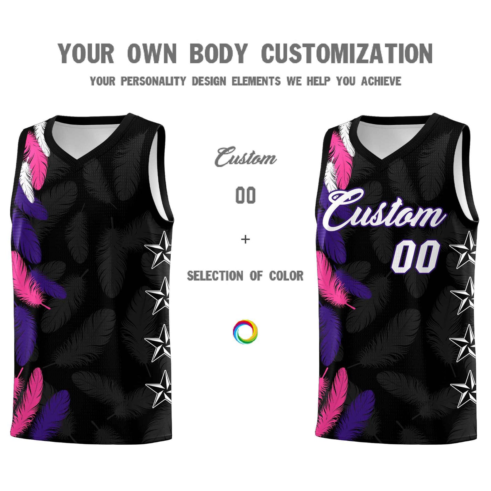 Custom Youth Basketball Jersey Black White Feather Series Sports Uniform