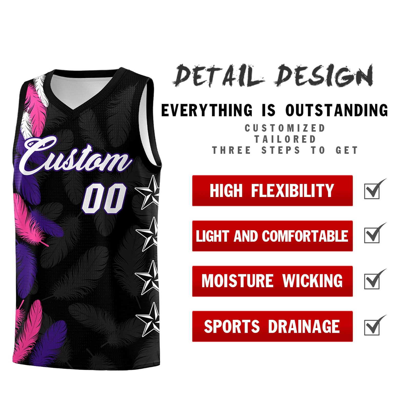 Custom Youth Basketball Jersey Black White Feather Series Sports Uniform
