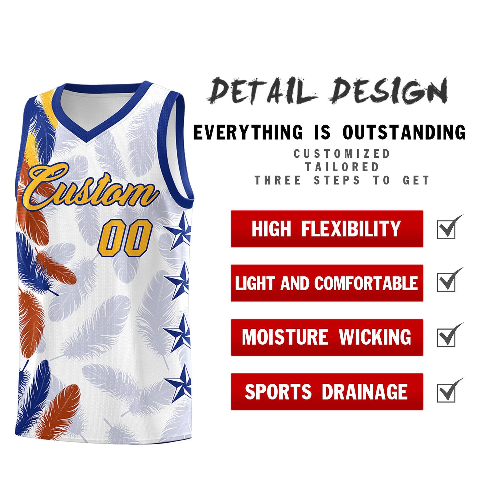 Custom Youth Basketball Jersey White Gold Feather Series Sports Uniform