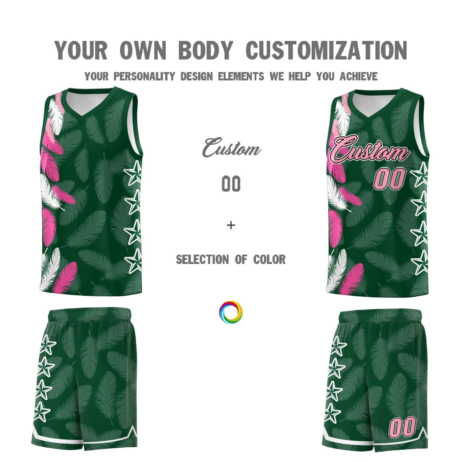 Custom Youth Basketball Jersey Green Light Pink Feather Series Sports Uniform
