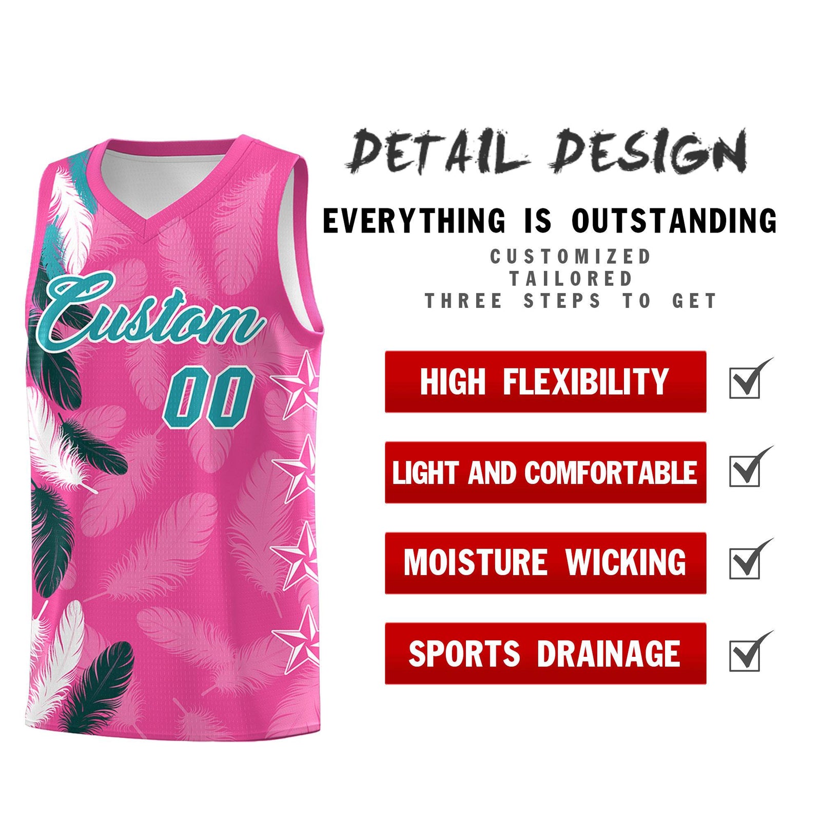 Custom Youth Basketball Jersey Pink Aqua Feather Series Sports Uniform