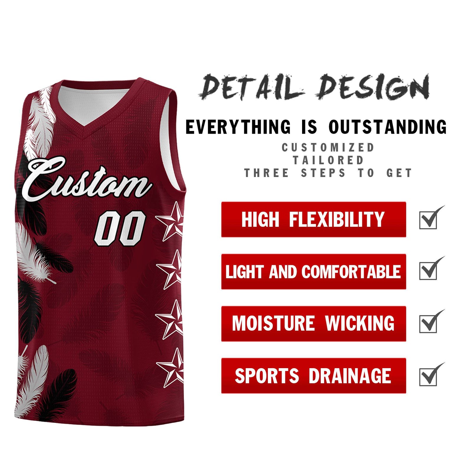 Custom Youth Basketball Jersey Maroon White Feather Series Sports Uniform