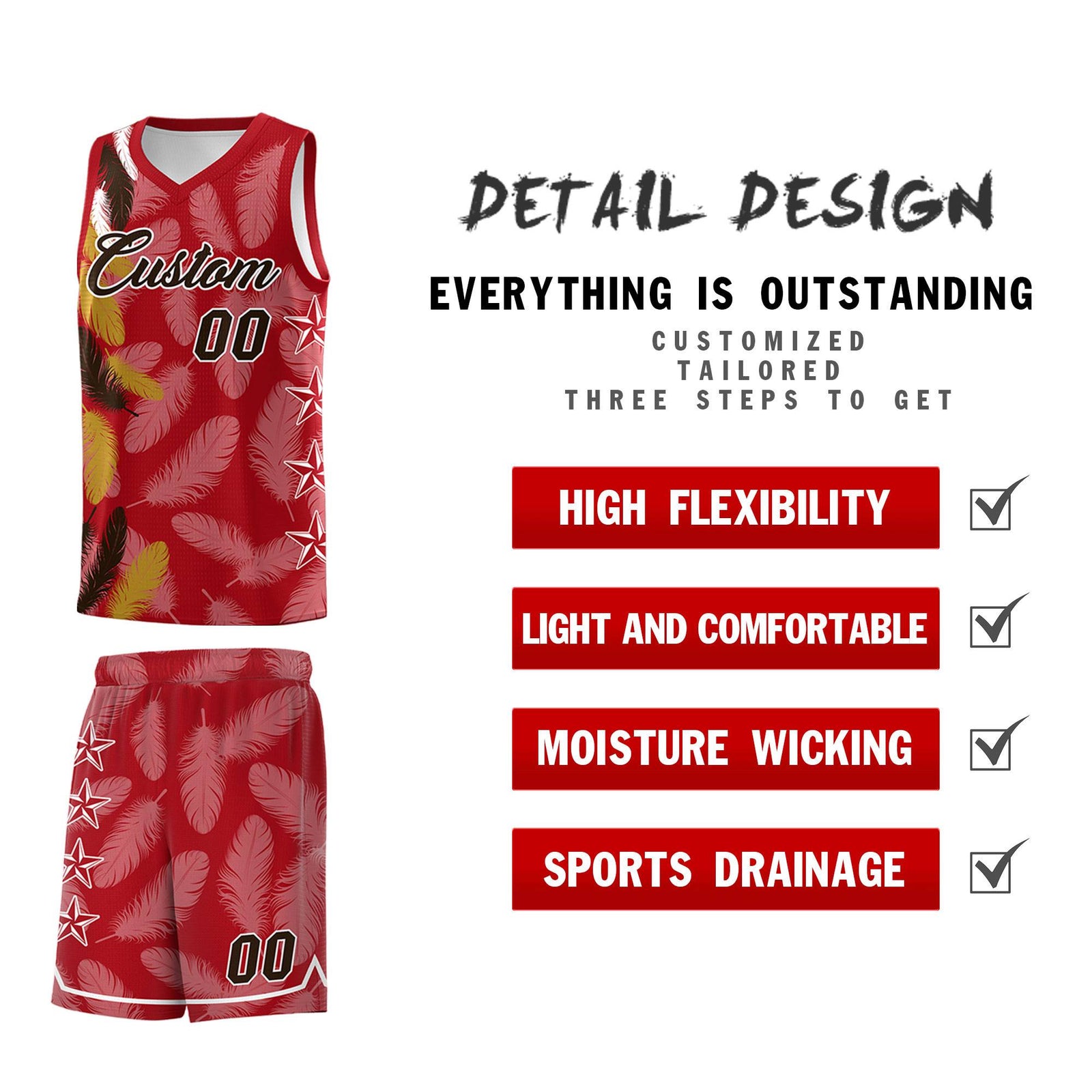Custom Youth Basketball Jersey Red Brown Feather Series Sports Uniform