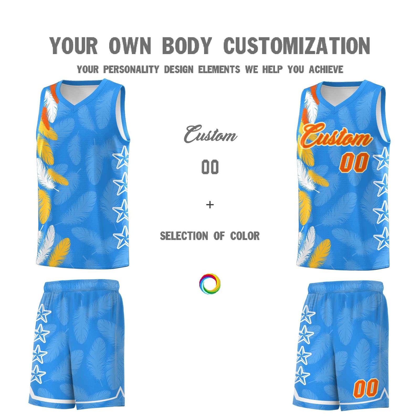 Custom Youth Basketball Jersey Powder Blue Orange Feather Series Sports Uniform