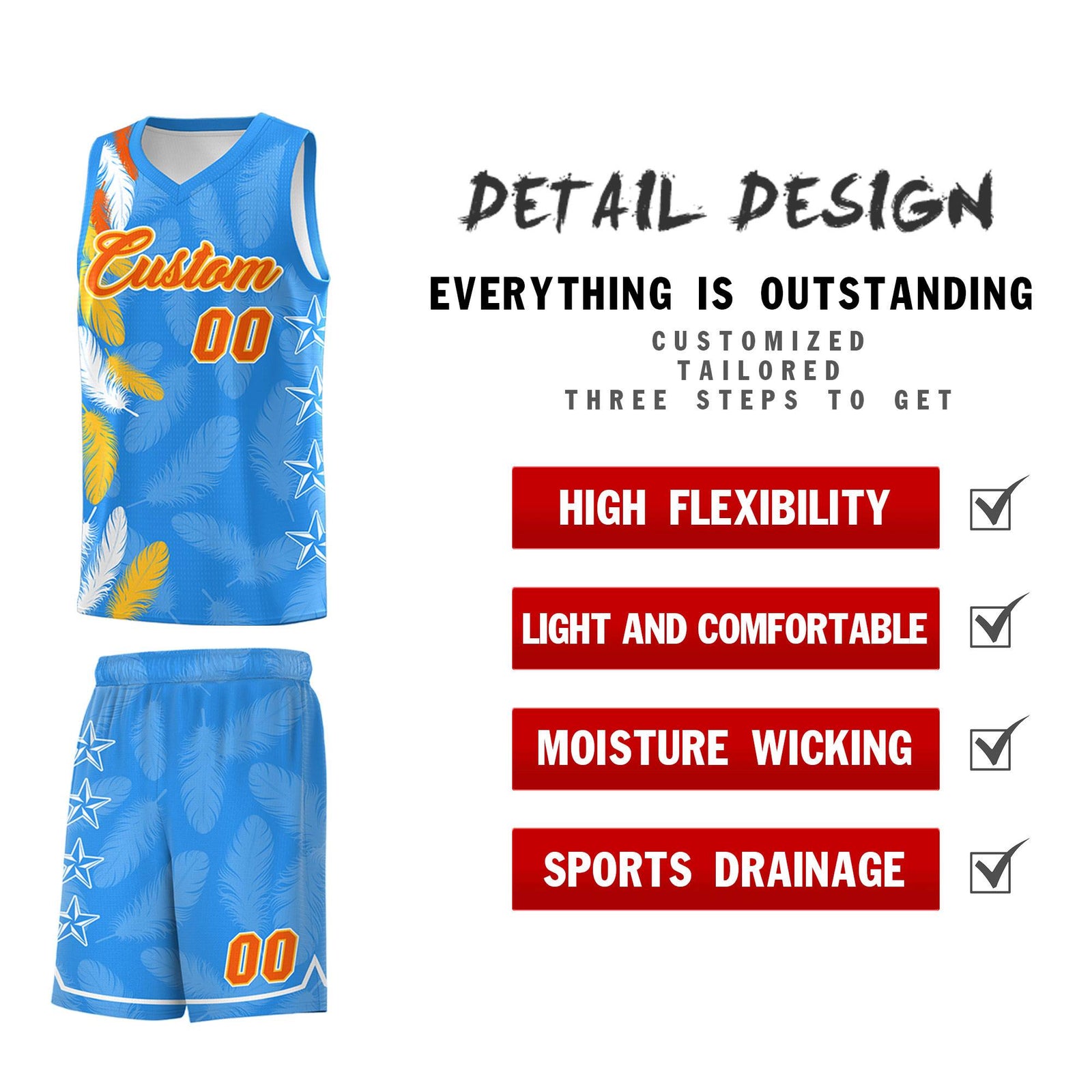 Custom Youth Basketball Jersey Powder Blue Orange Feather Series Sports Uniform