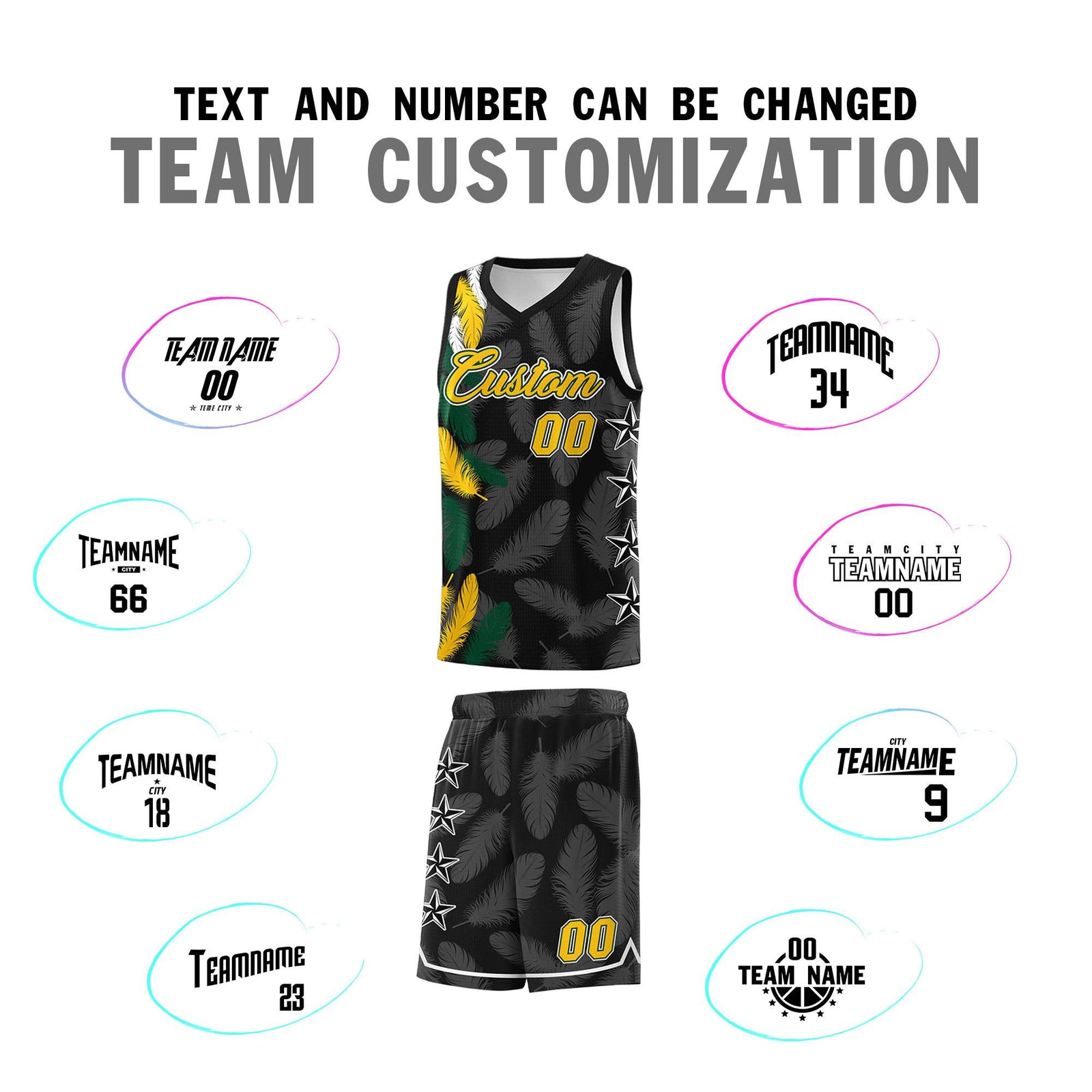 Custom Youth Basketball Jersey Black Gold Feather Series Sports Uniform