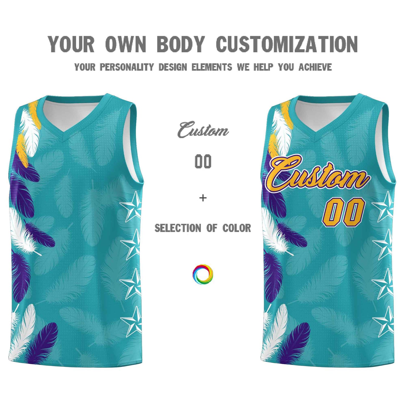 Custom Youth Basketball Jersey Aqua Gold Feather Series Sports Uniform