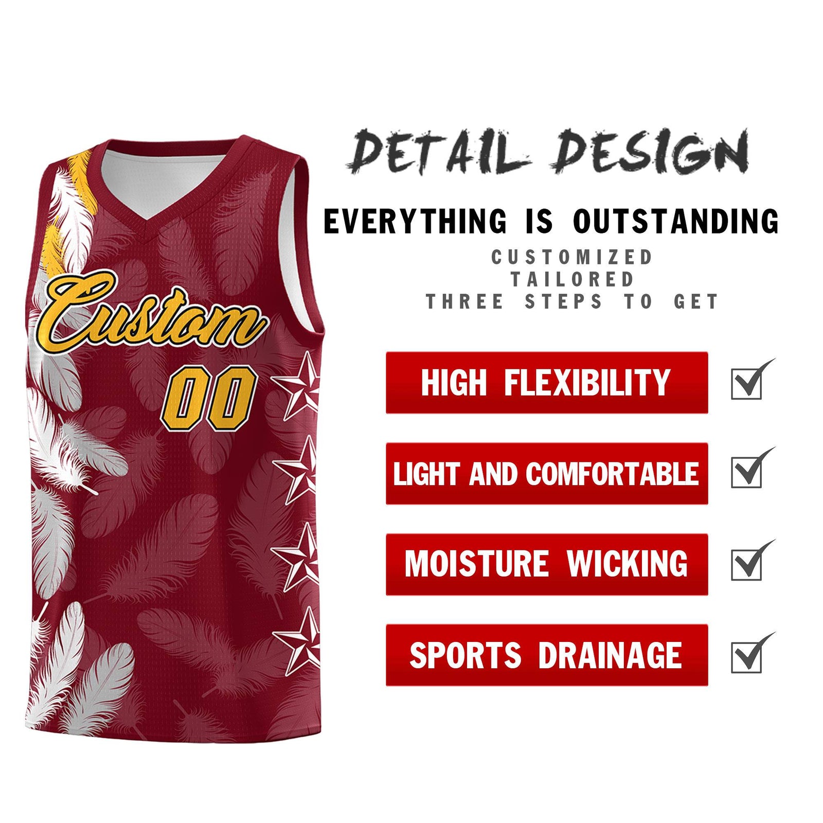 Custom Youth Basketball Jersey Crimson Gold Feather Series Sports Uniform