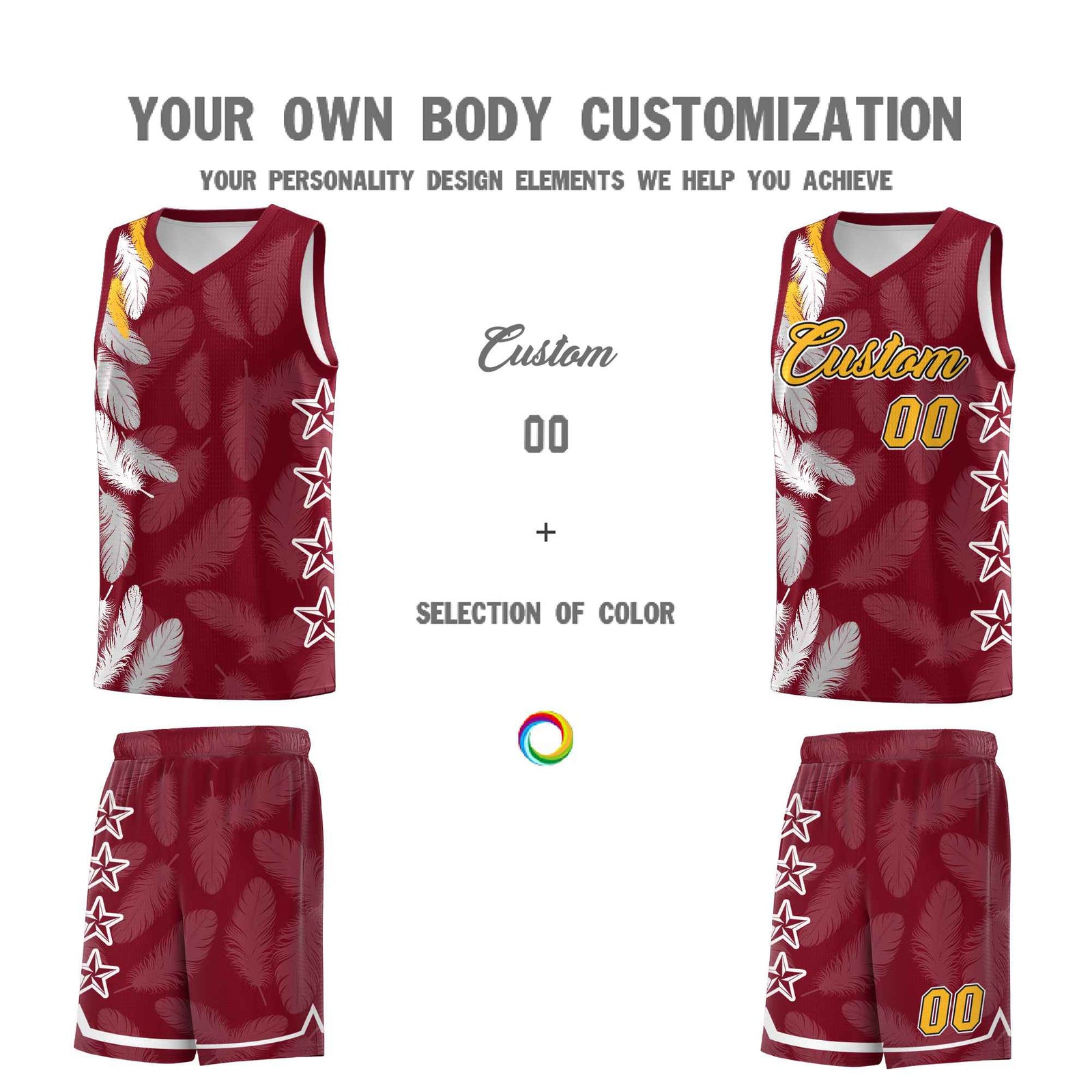 Custom Youth Basketball Jersey Crimson Gold Feather Series Sports Uniform