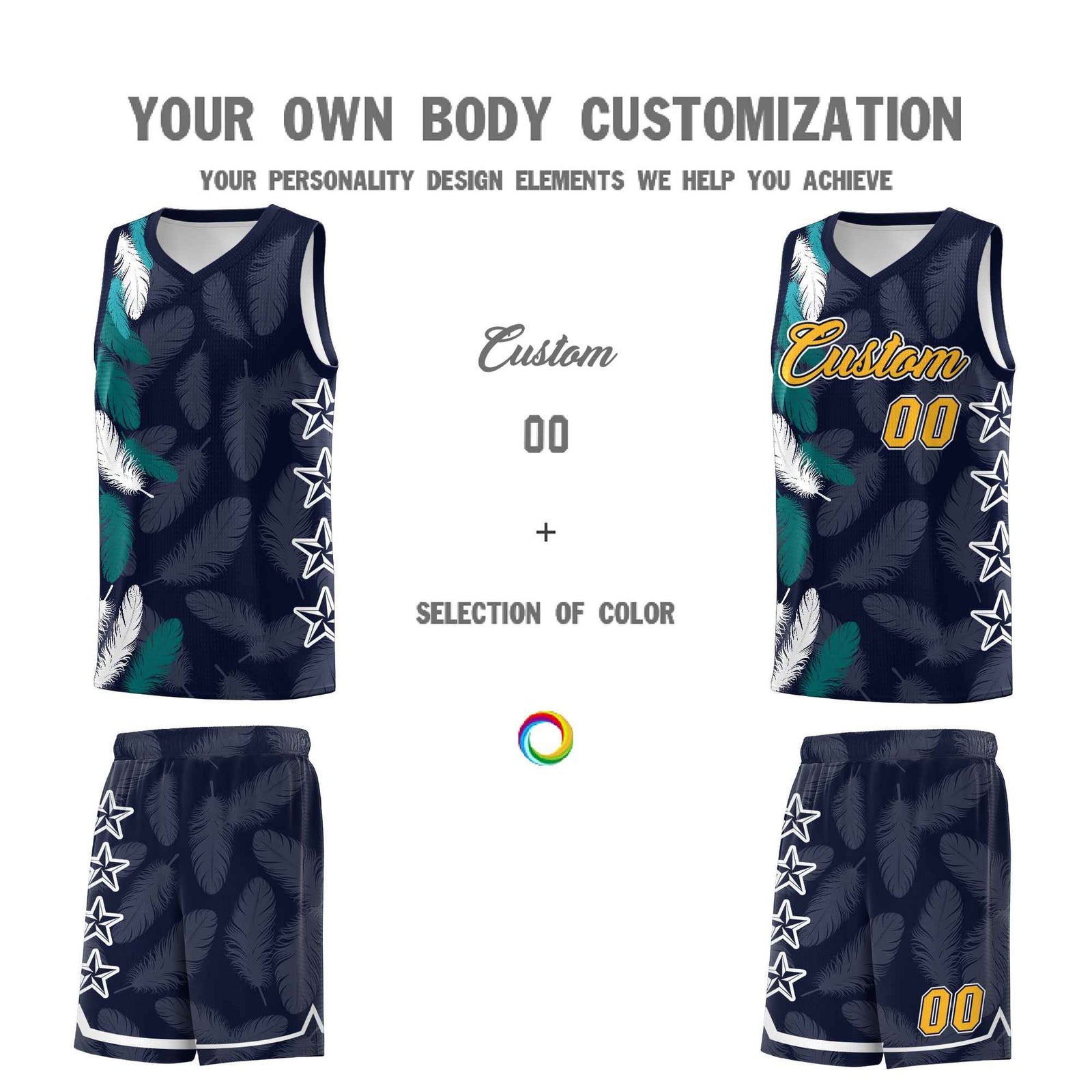 Custom Youth Basketball Jersey Navy Gold Feather Series Sports Uniform