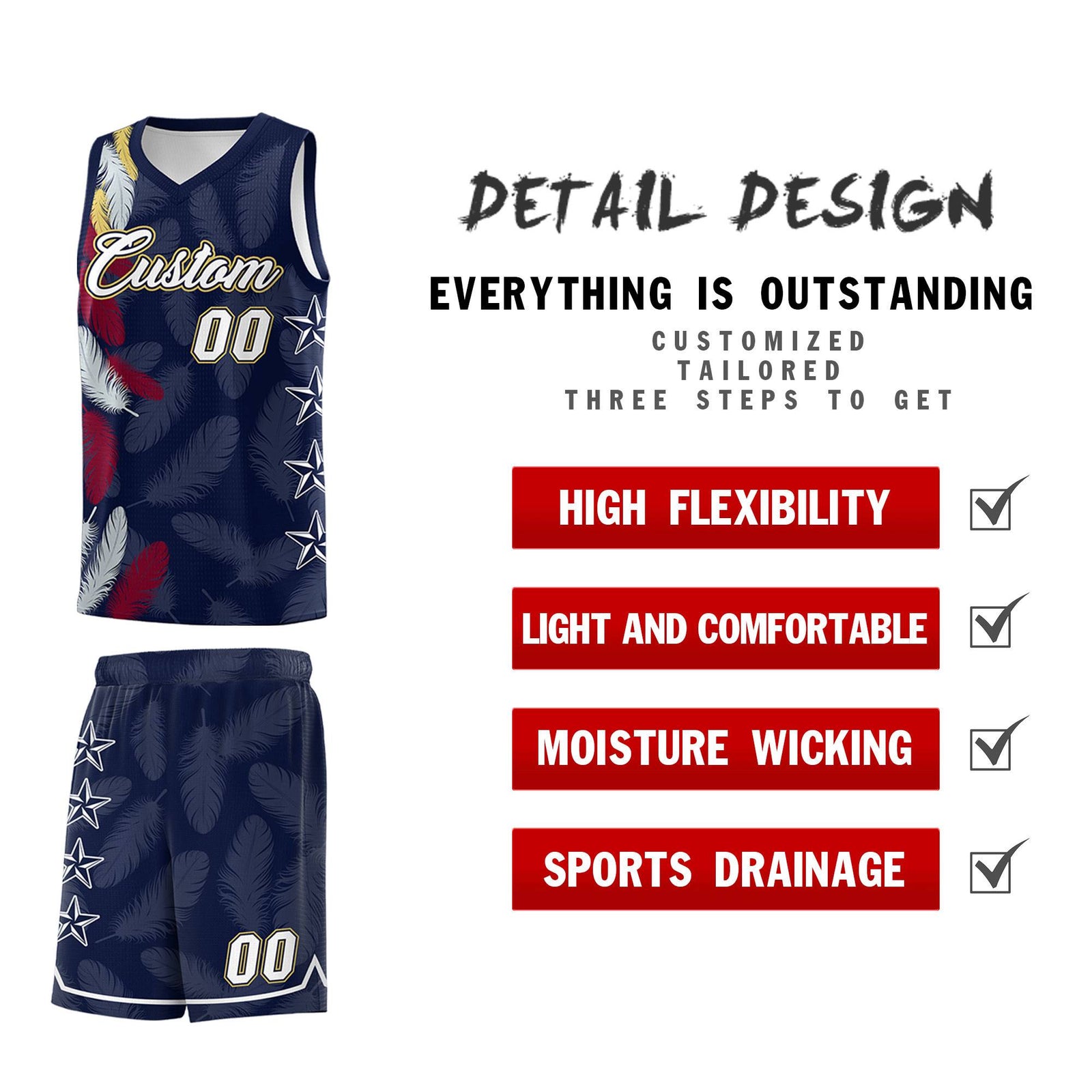 Custom Youth Basketball Jersey Navy White Feather Series Sports Uniform