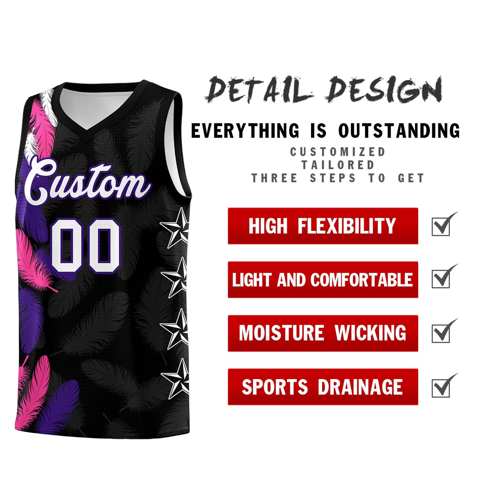 Custom Youth Basketball Jersey Black White Feather Series Sports Uniform