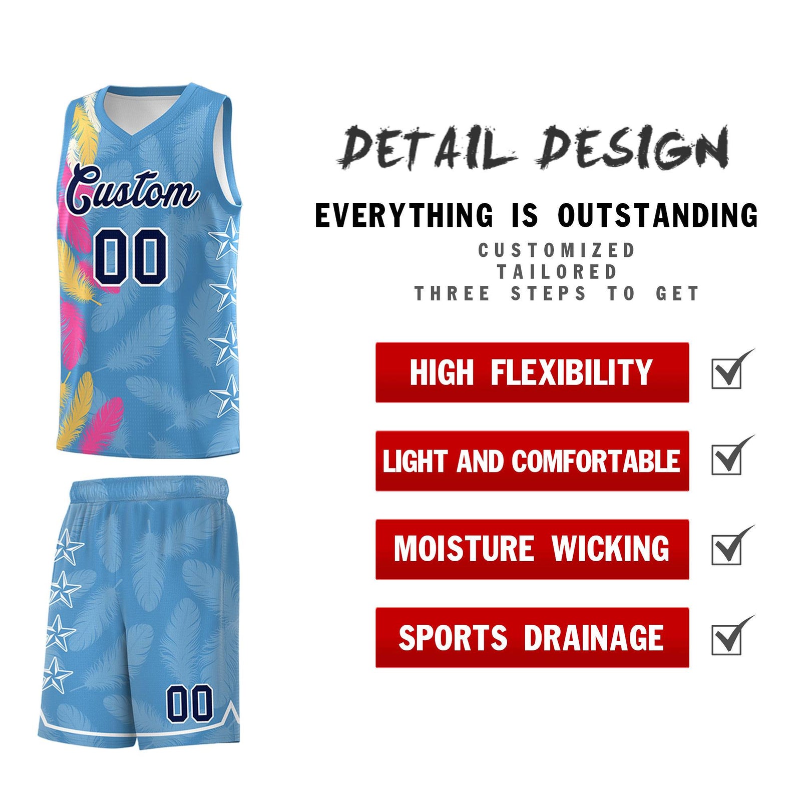 Custom Youth Basketball Jersey Light Blue Navy Feather Series Sports Uniform